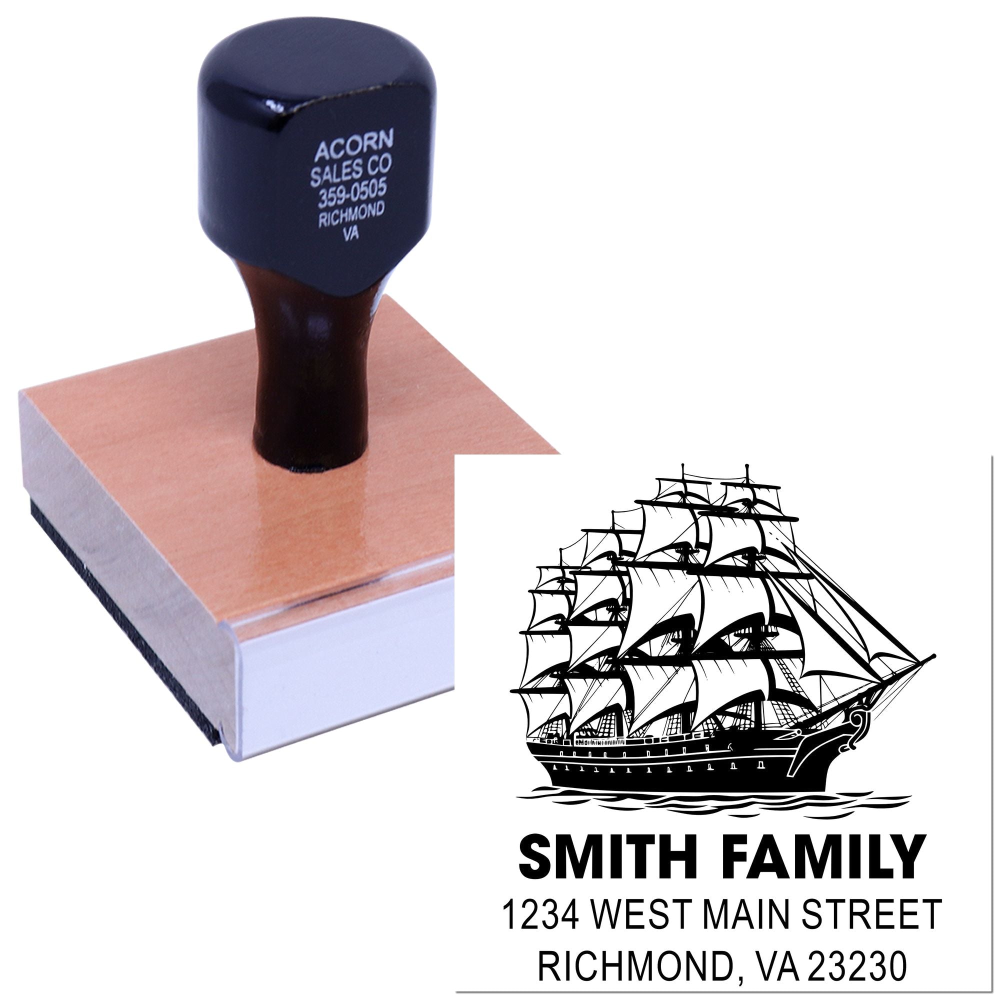 Custom address rubber stamp with sailing ship logo for Smith Family, Richmond, VA 23230, for envelopes.