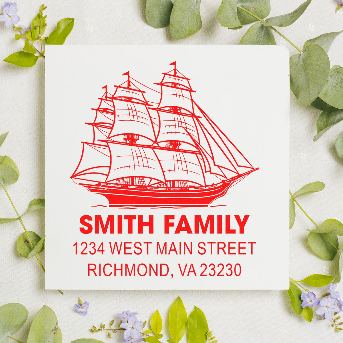 Personalized family return address rubber stamp with sailing ship, Smith Family, 1234 West Main Street, Richmond, VA 23230.