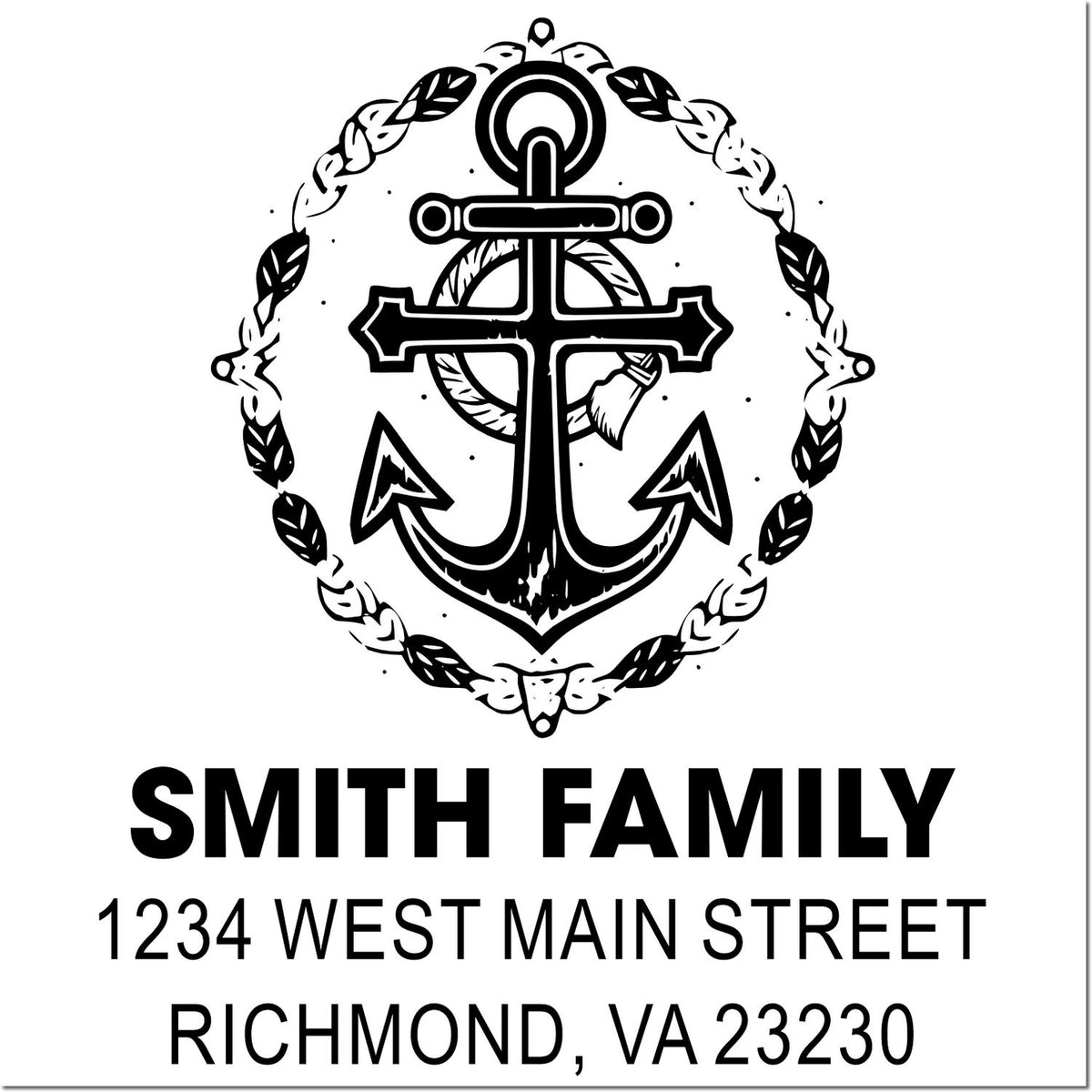 Custom family return address rubber stamp with anchor design, Smith Family, 1234 West Main Street, Richmond, VA 23230.