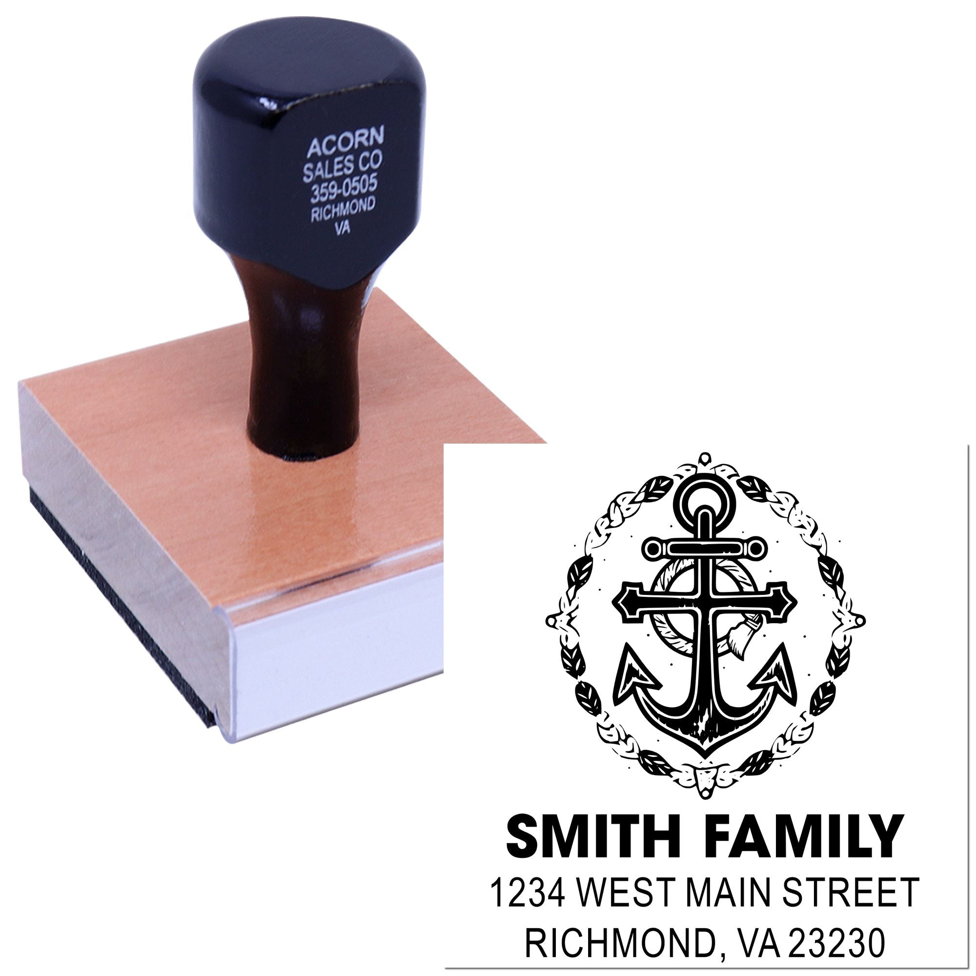 Custom rubber address stamp with nautical anchor design for personalized return address envelopes and family mail.
