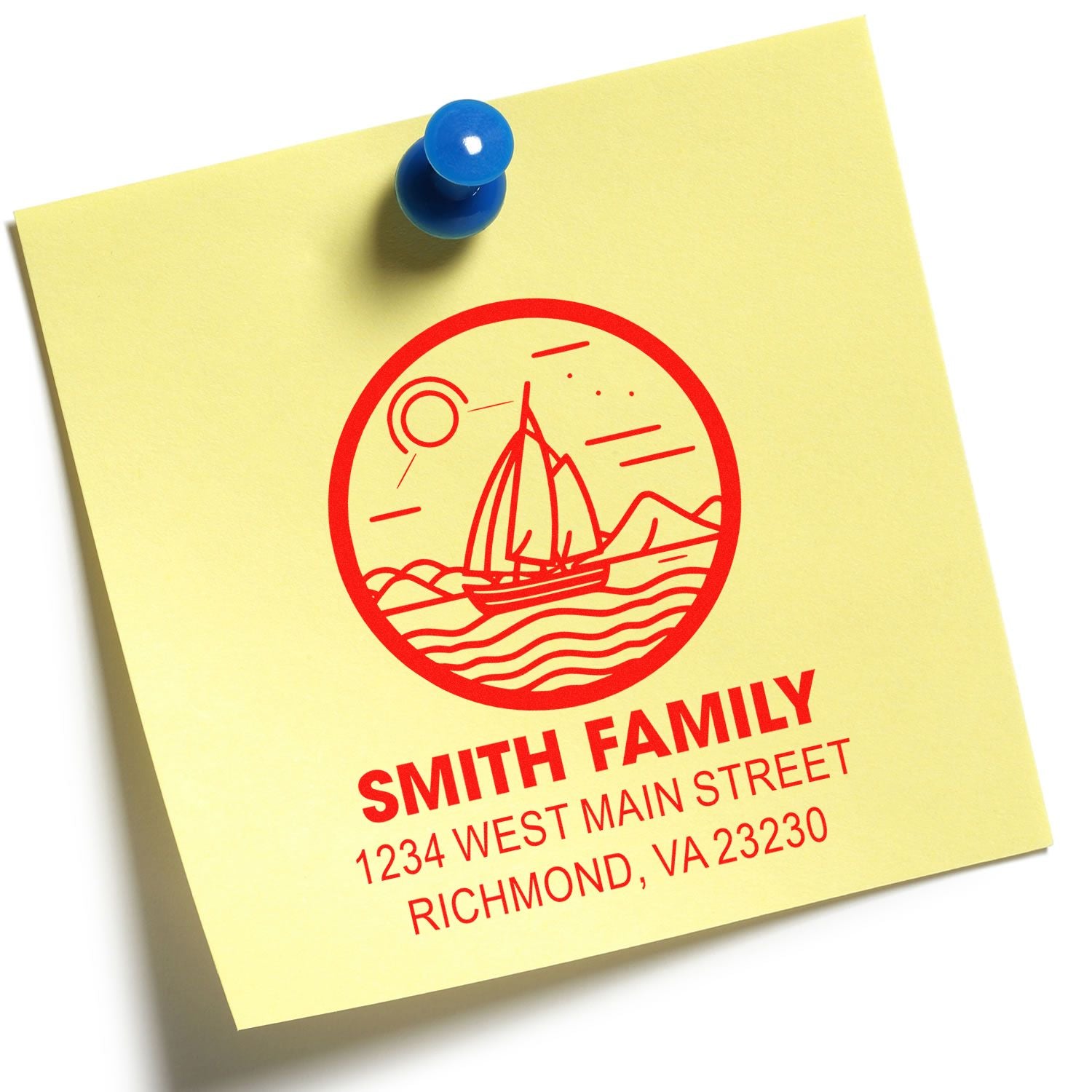 Custom return address rubber stamp for Smith Family with sailboat logo and Richmond, VA address on sticky note.