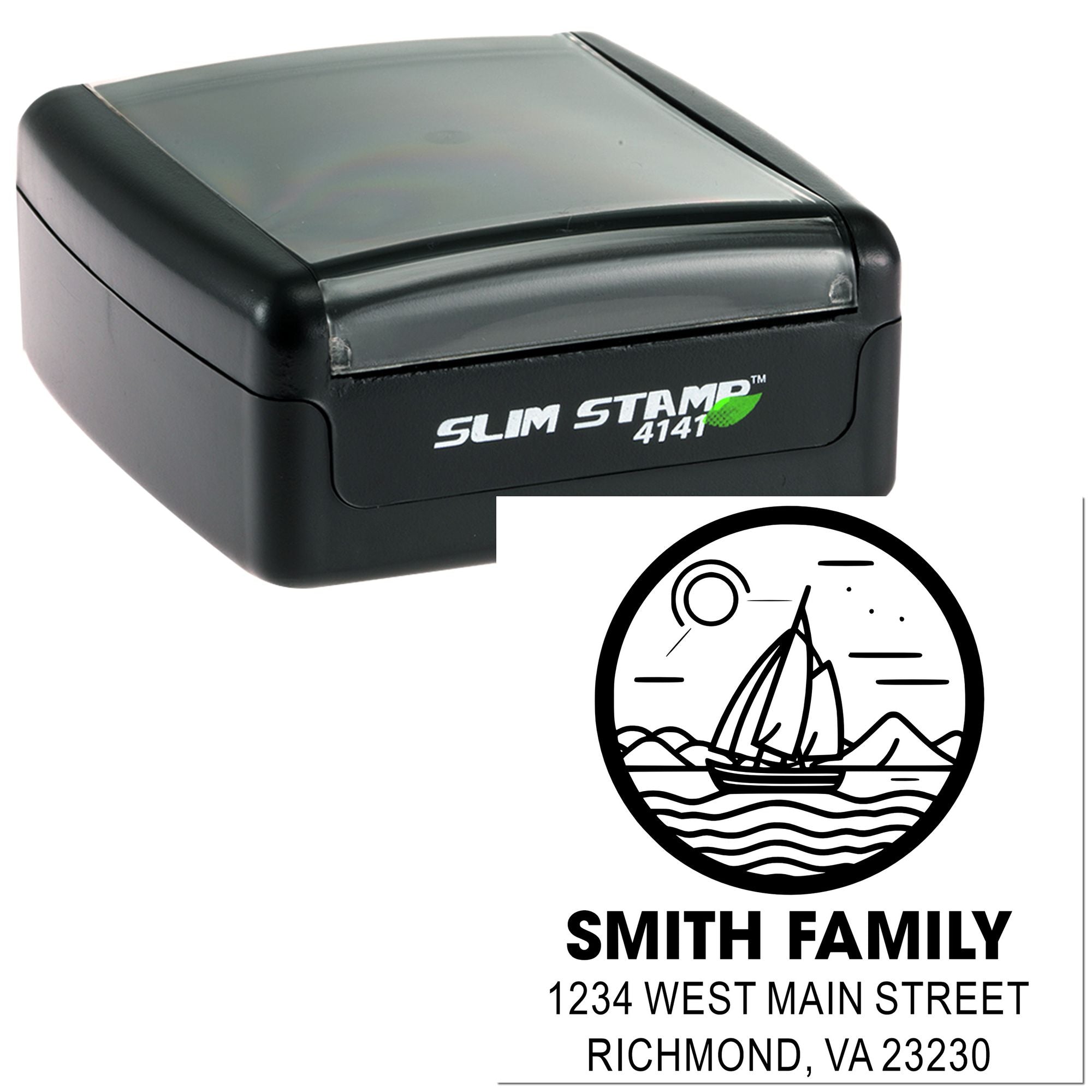 Custom self-inking rubber stamp with sailboat family return address design for envelopes, weddings and stationery.