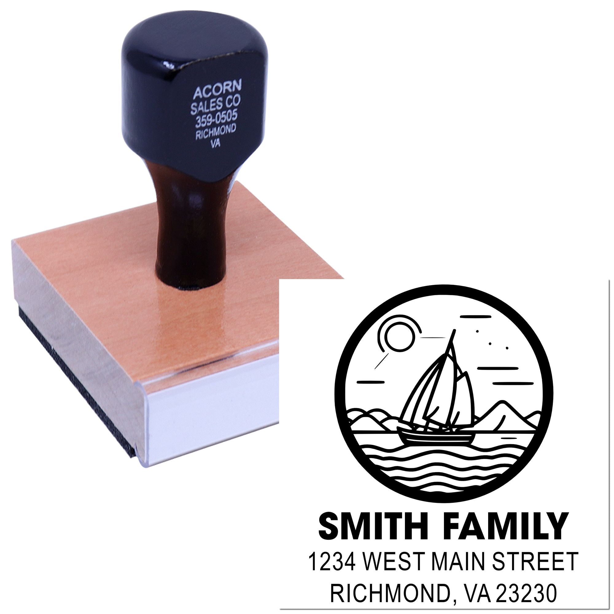 Custom address rubber stamp with sailboat family logo for personalized return mail, stationery, and business branding.