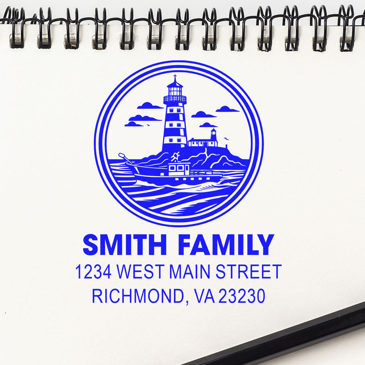 Personalized rubber address stamp with lighthouse logo, Smith Family name, and Richmond, VA 23230 return address.
