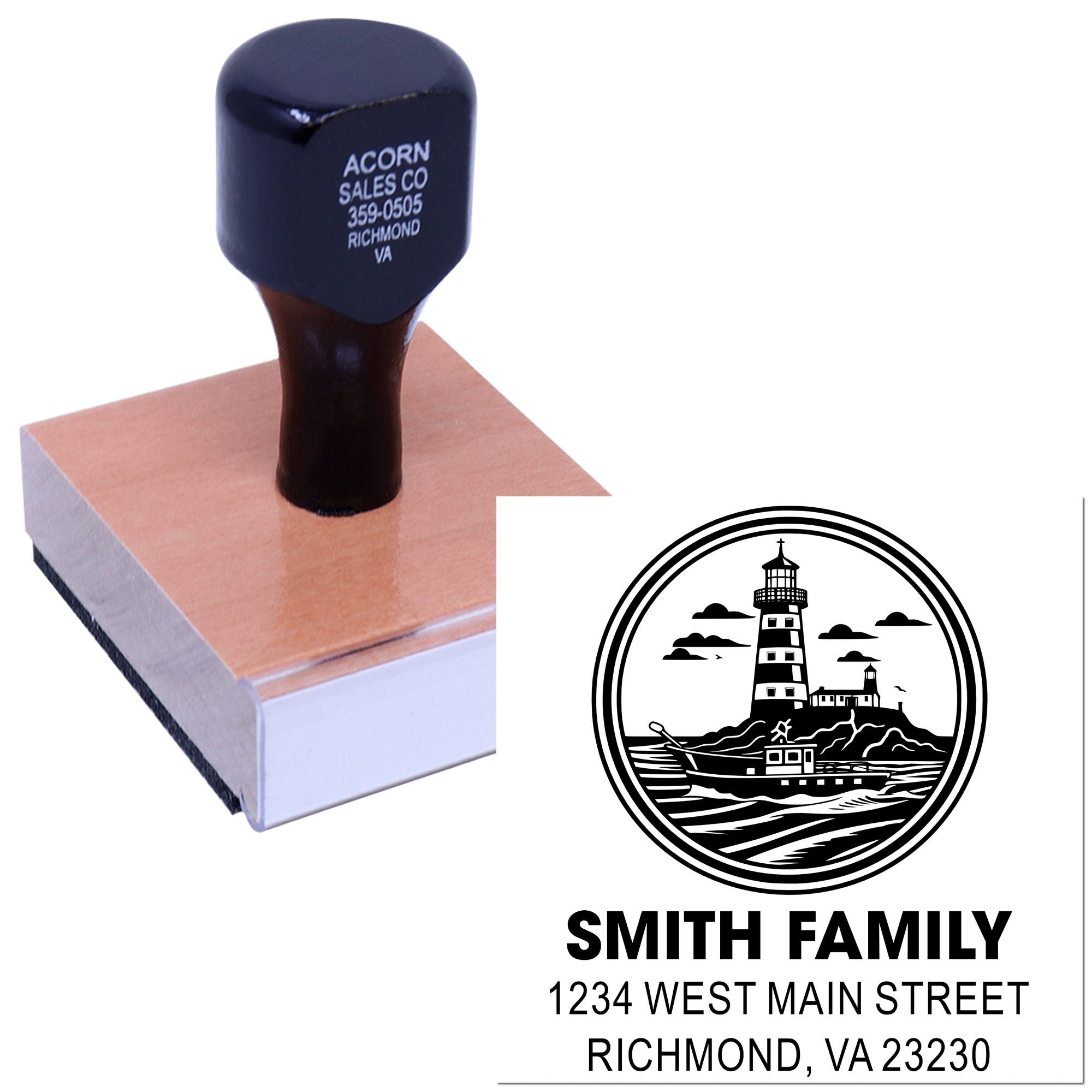 Custom family return address rubber stamp with lighthouse design for Smith Family, Richmond, VA 23230