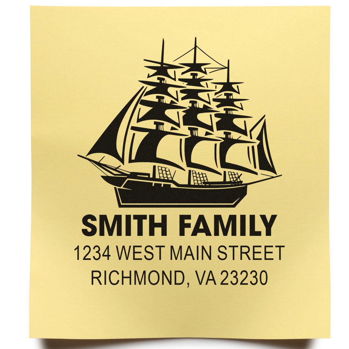 Custom family return address rubber stamp with sailing ship design and Richmond, VA address for the Smith family.