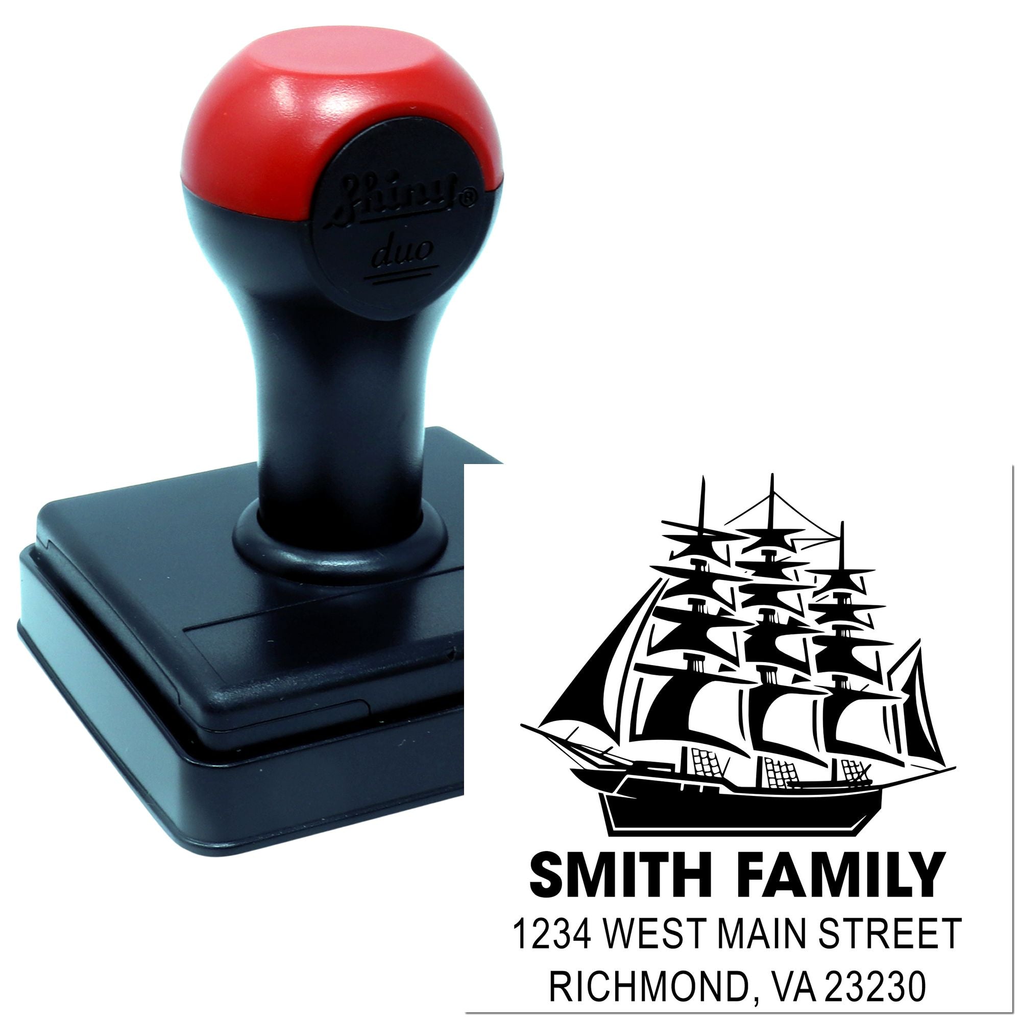 Custom self-inking rubber stamp for personalized return address imprint with ship design and family name