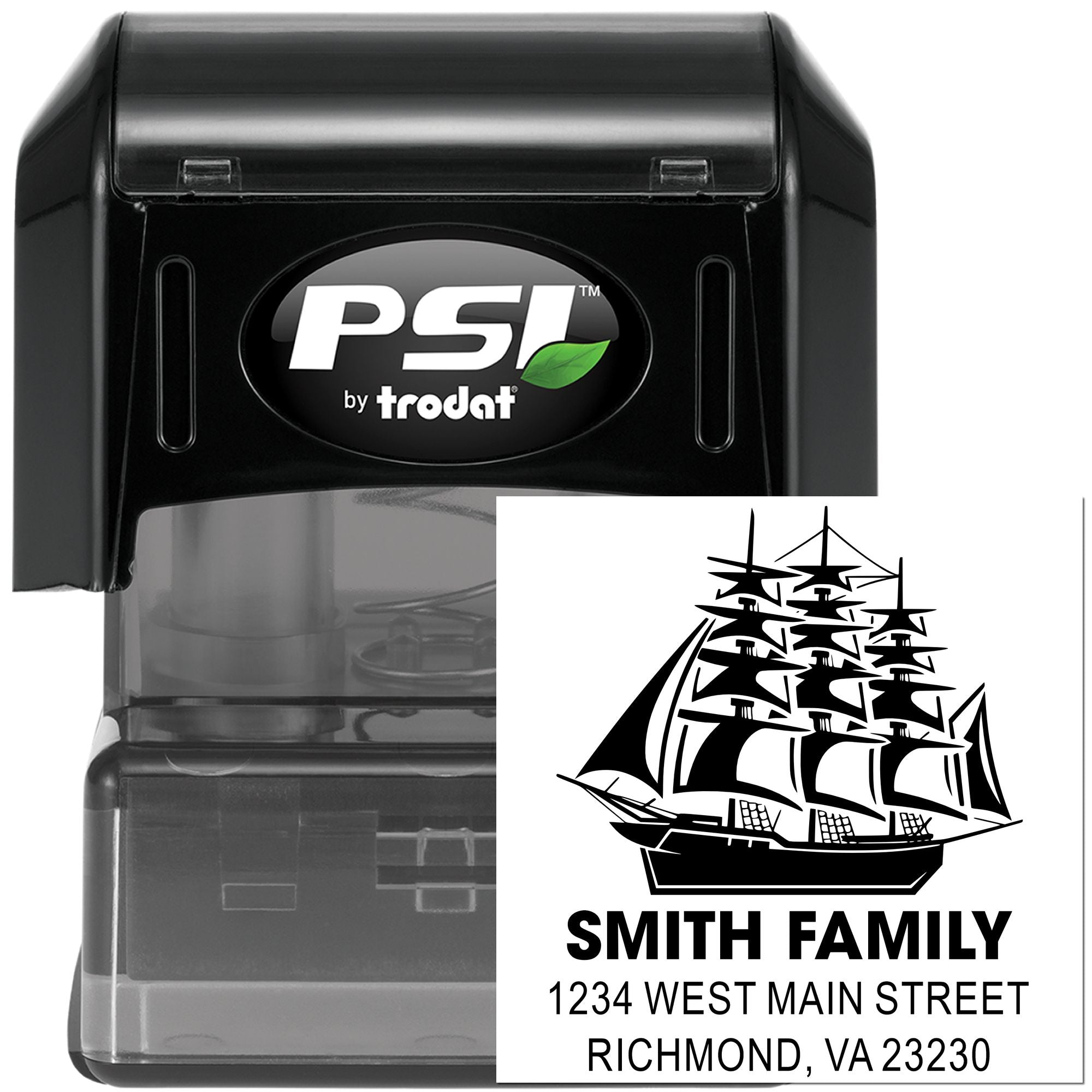 PSI by Trodat self-inking custom address stamp with ship design, Smith family return address, and personalized mailing imprint.