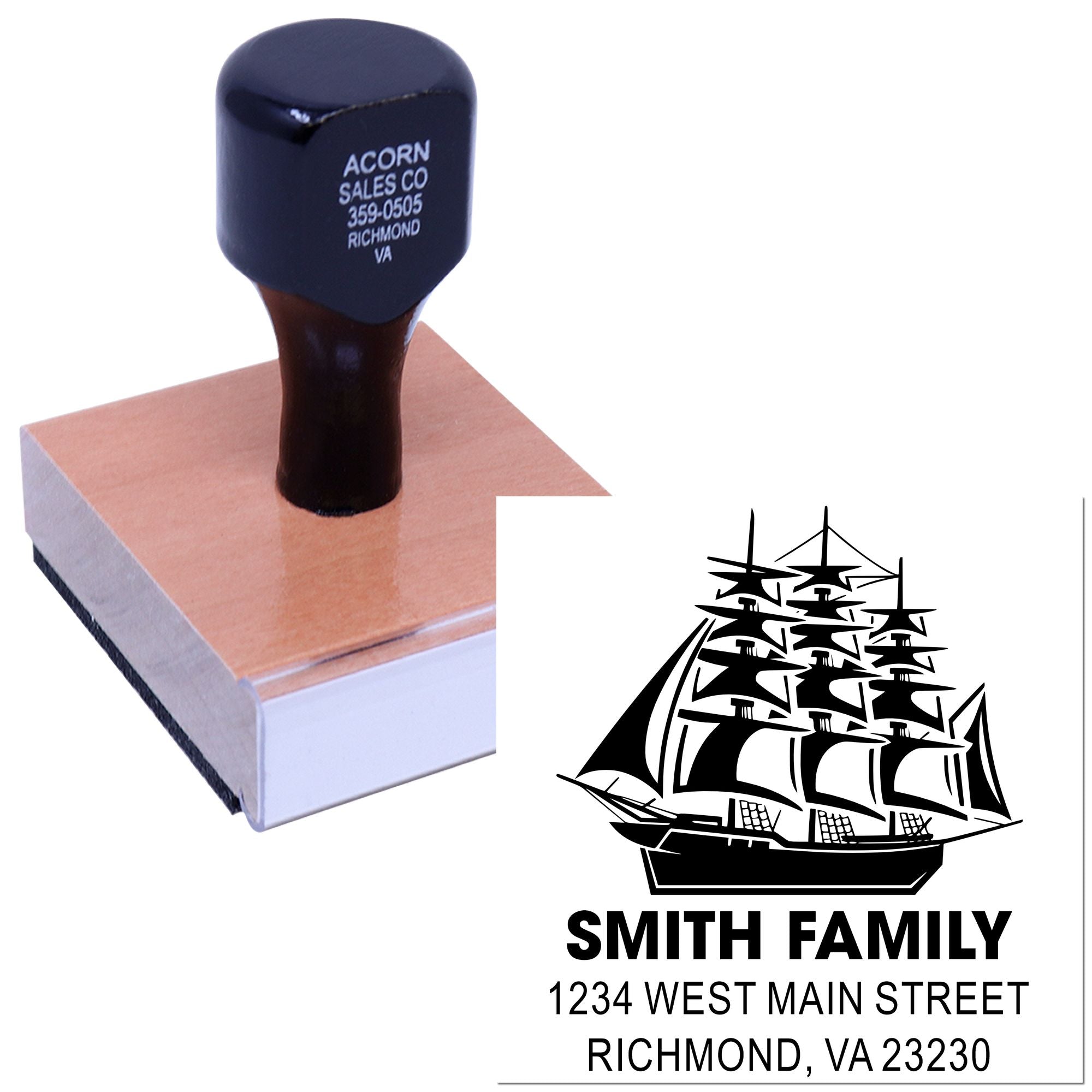 Custom rubber address stamp with ship design and Smith family mailing address
