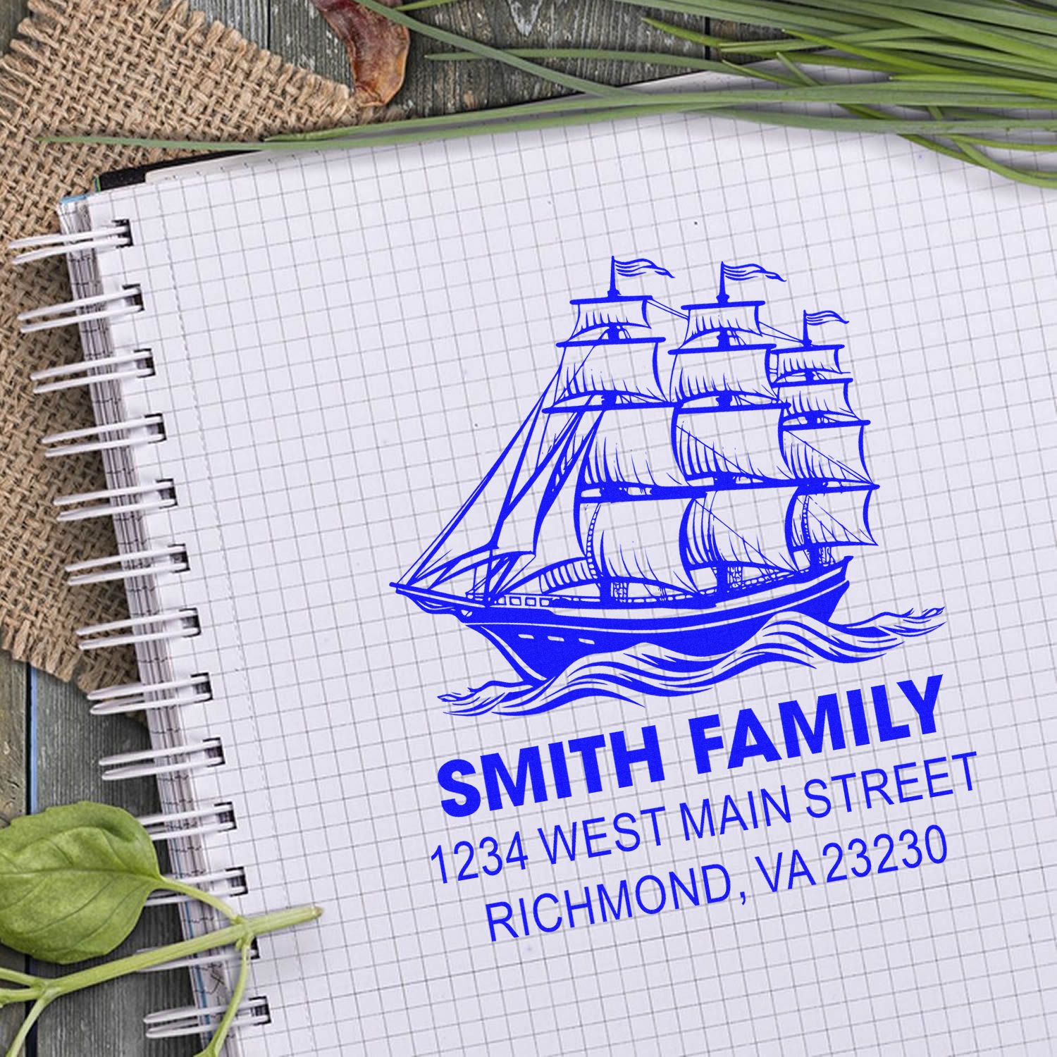 Custom nautical address rubber stamp with sailing ship logo, Smith Family name, and Richmond, VA return address