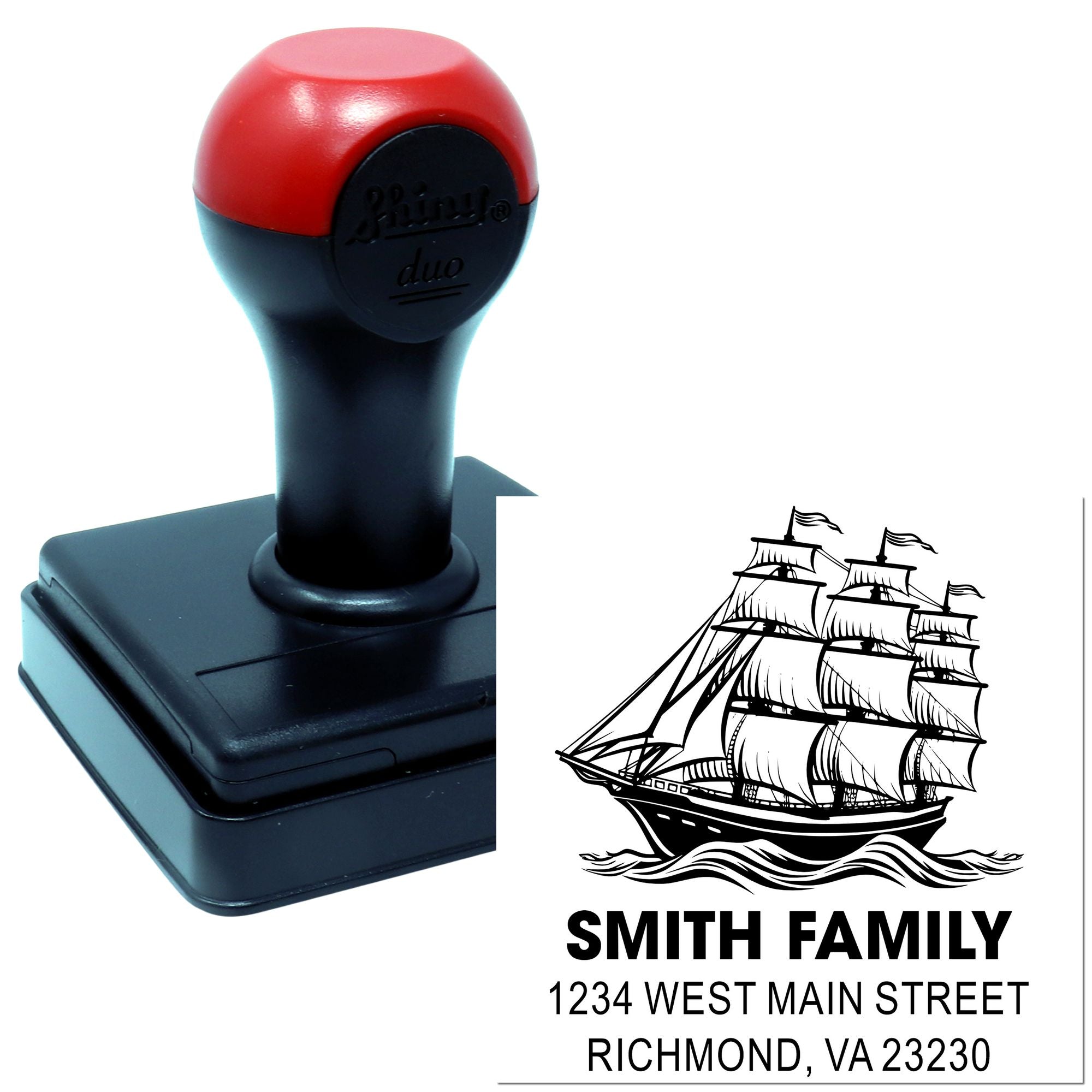 Custom self-inking rubber stamp with sailboat family return address design for personalized mailing and envelopes