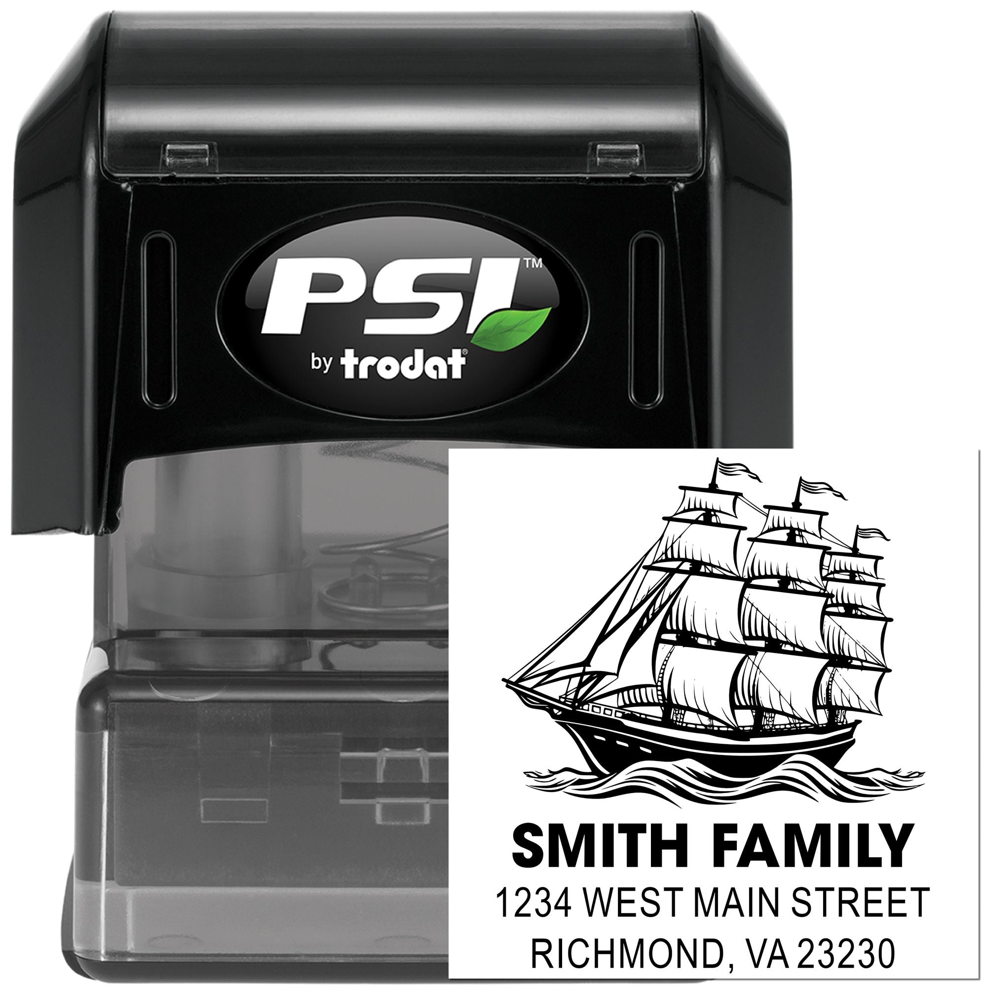PSI by Trodat personalized self-inking return address rubber stamp with ship design and Smith family address