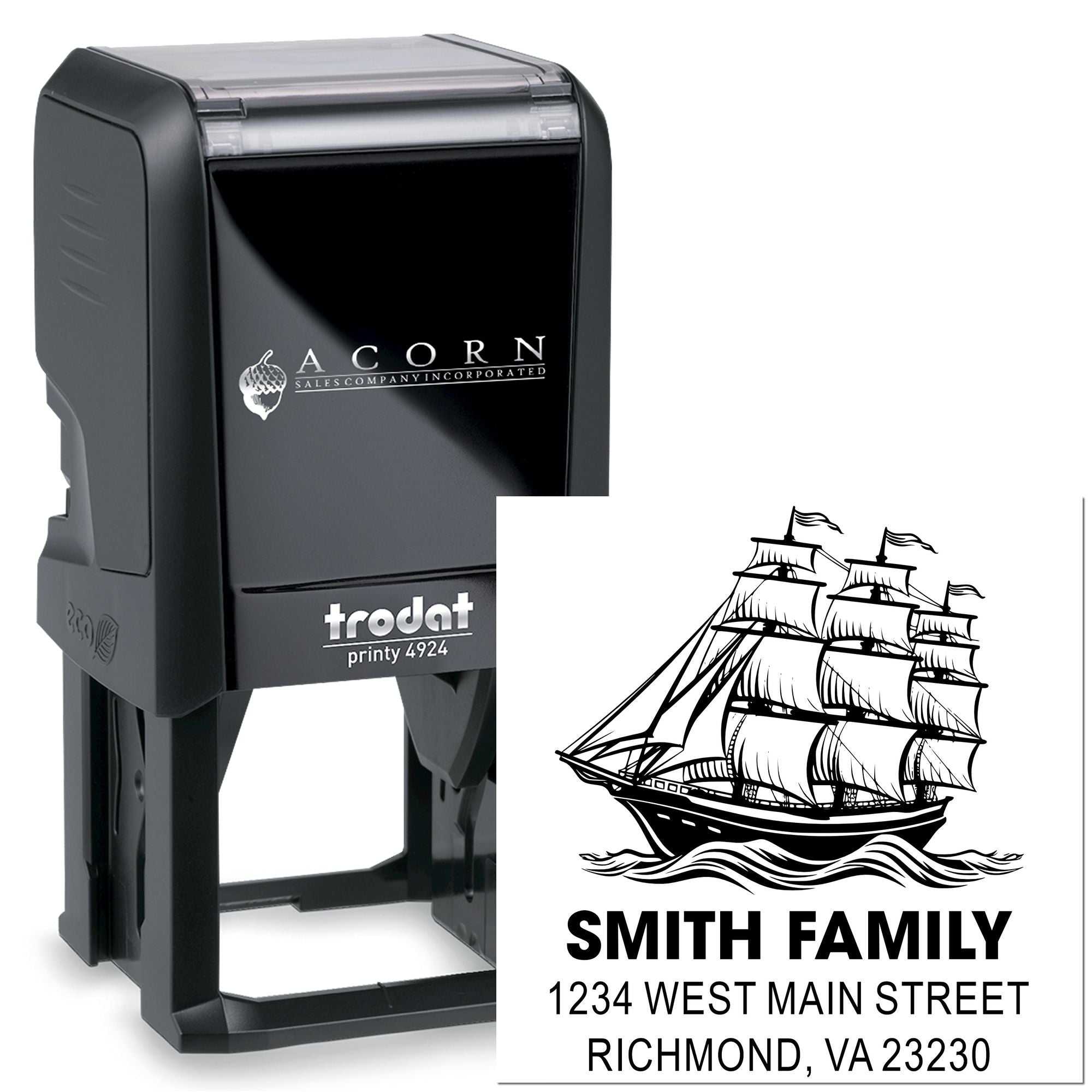 Custom Trodat self-inking rubber stamp with ship design and Smith Family return address for personalized mail and branding.