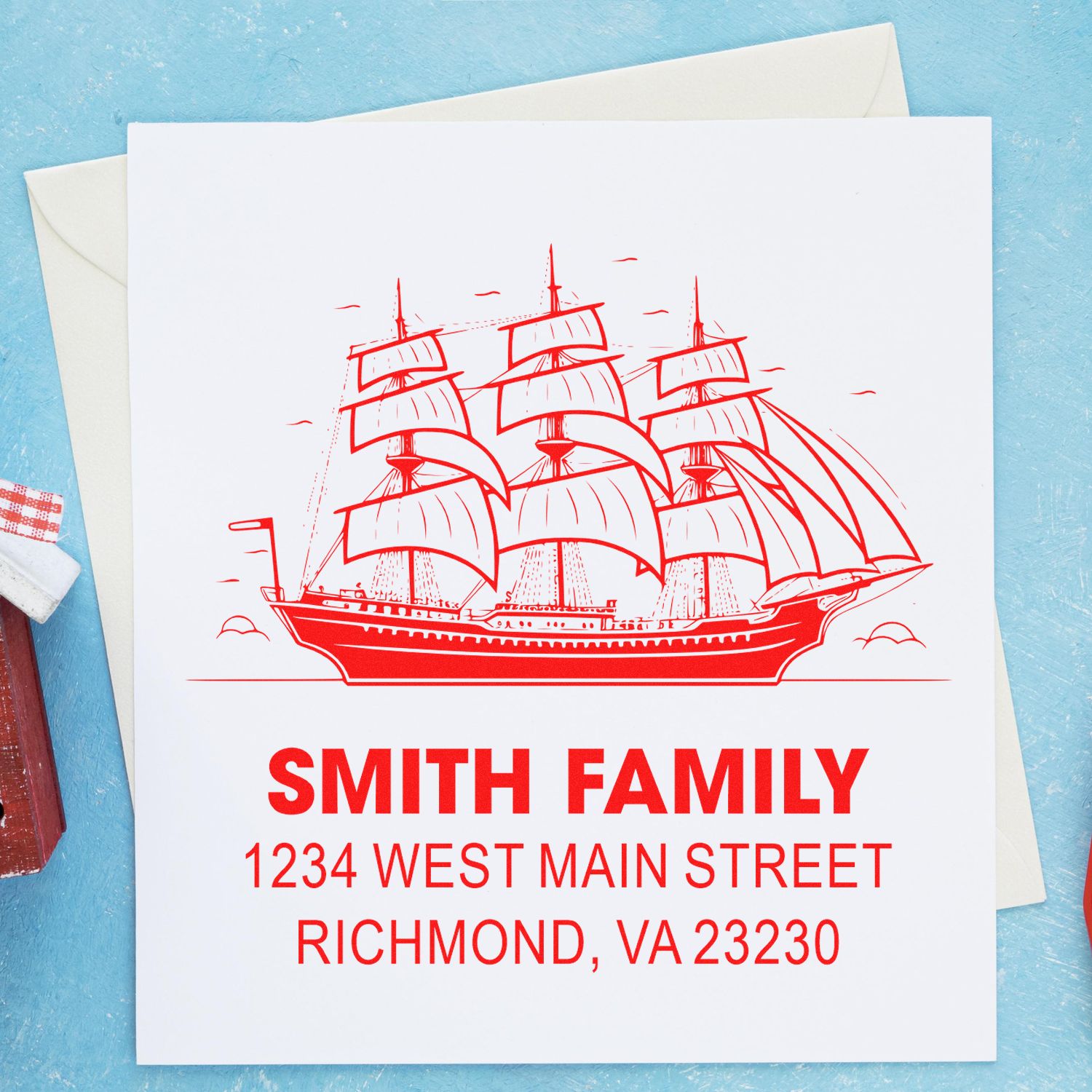 Custom family return address rubber stamp with vintage sailing ship design for Smith Family in Richmond, VA
