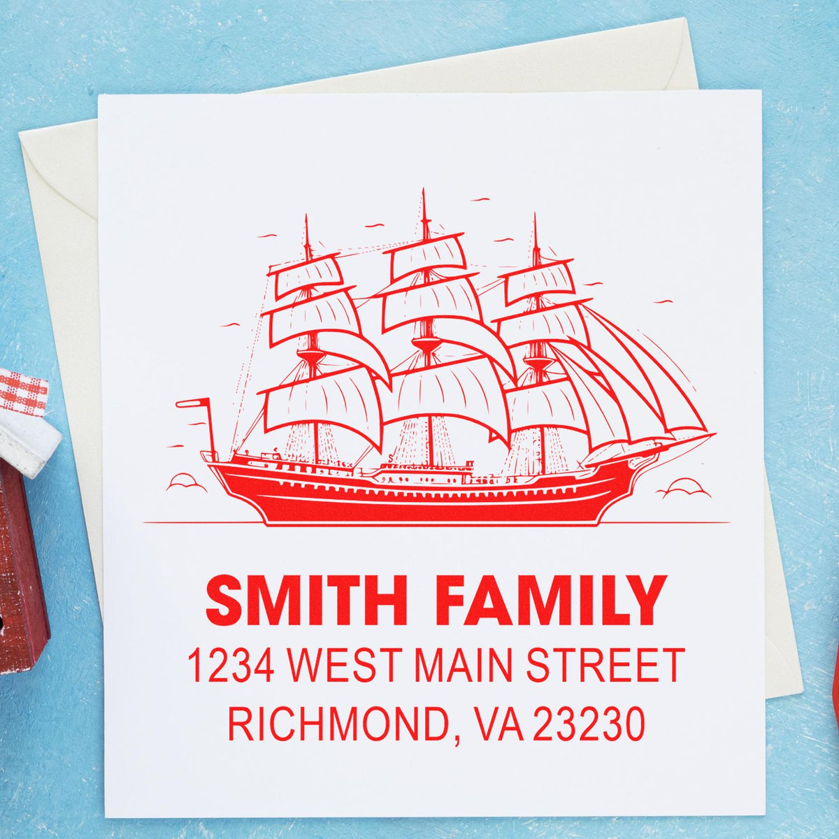 Custom family return address rubber stamp with sailing ship design, Smith Family, Richmond, VA 23230.