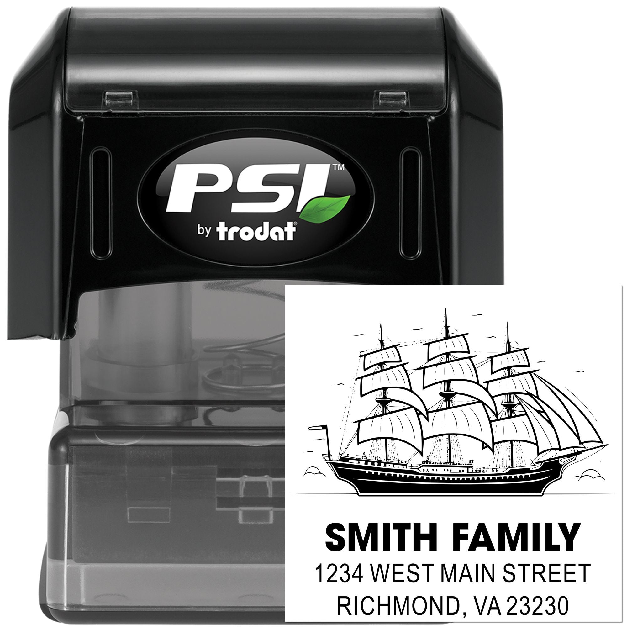 Custom PSI by Trodat self-inking rubber stamp with ship design and Smith Family return address, Richmond, VA.