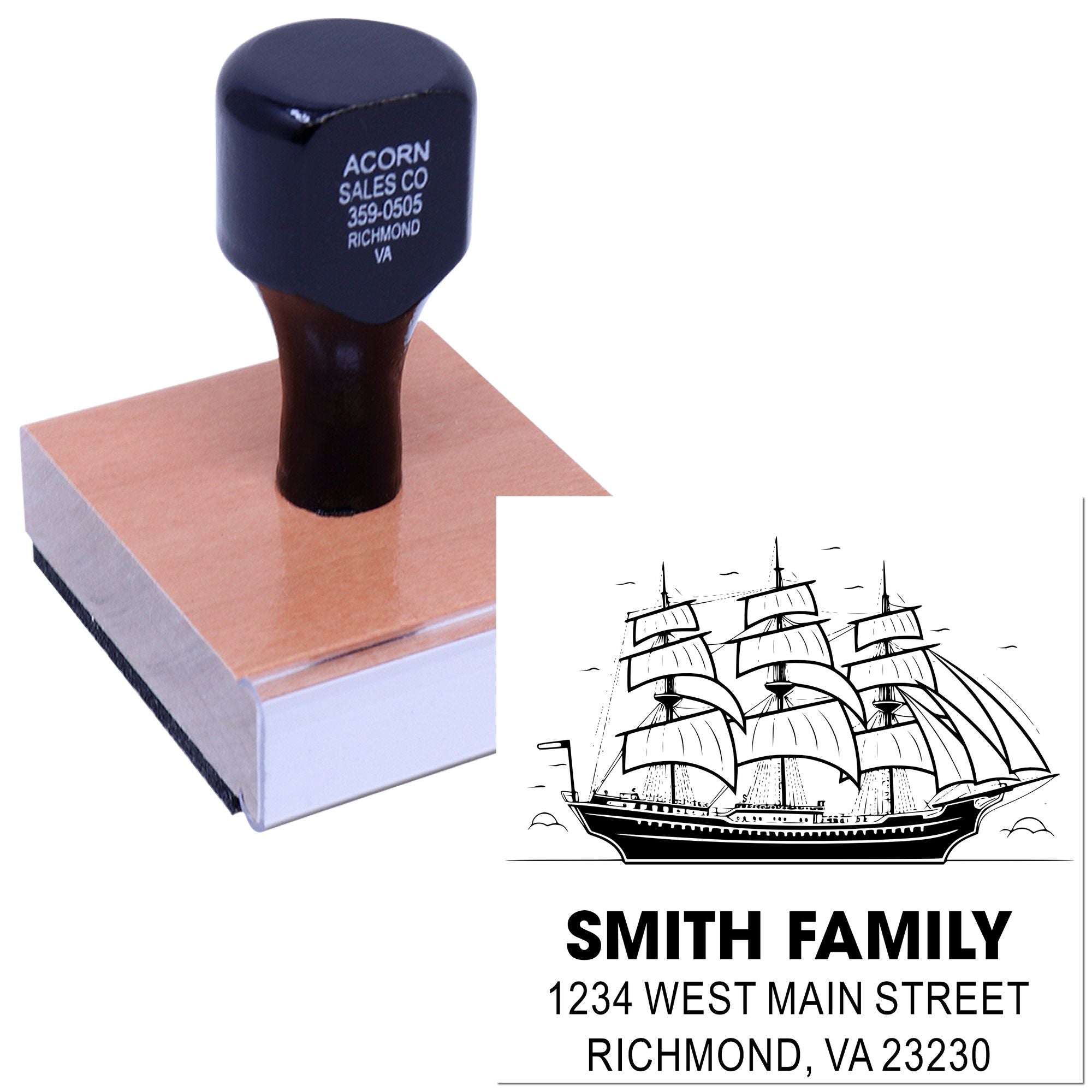 Custom return address rubber stamp with sailing ship logo for Smith Family, Richmond, VA