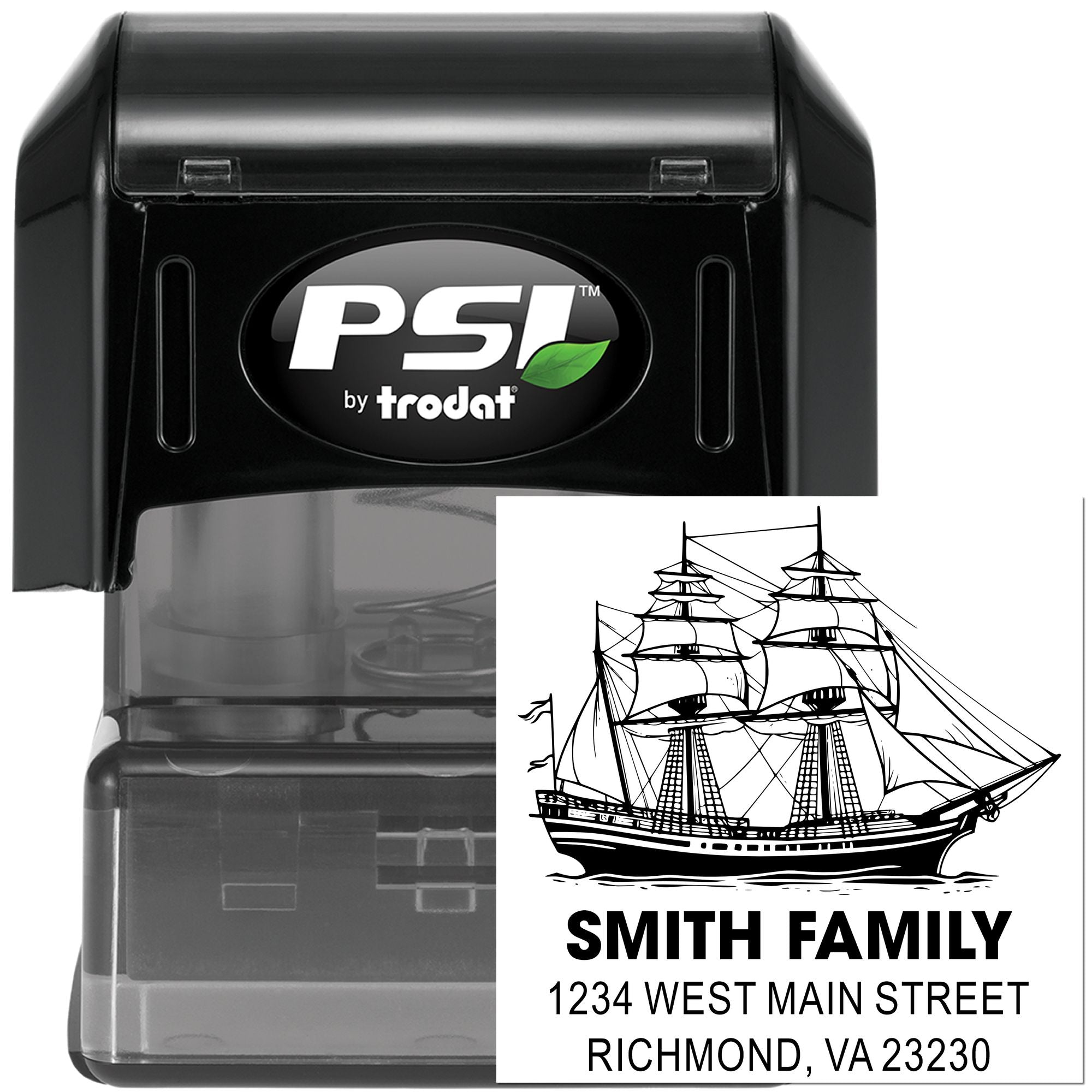 PSI by Trodat self-inking custom address rubber stamp with ship design for Smith Family, Richmond VA