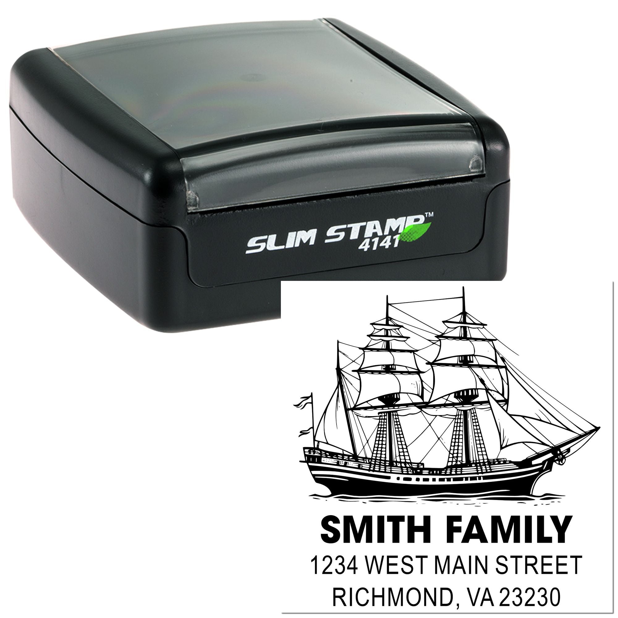 Custom self-inking address rubber stamp with sailing ship design for personalized Smith family return mail.