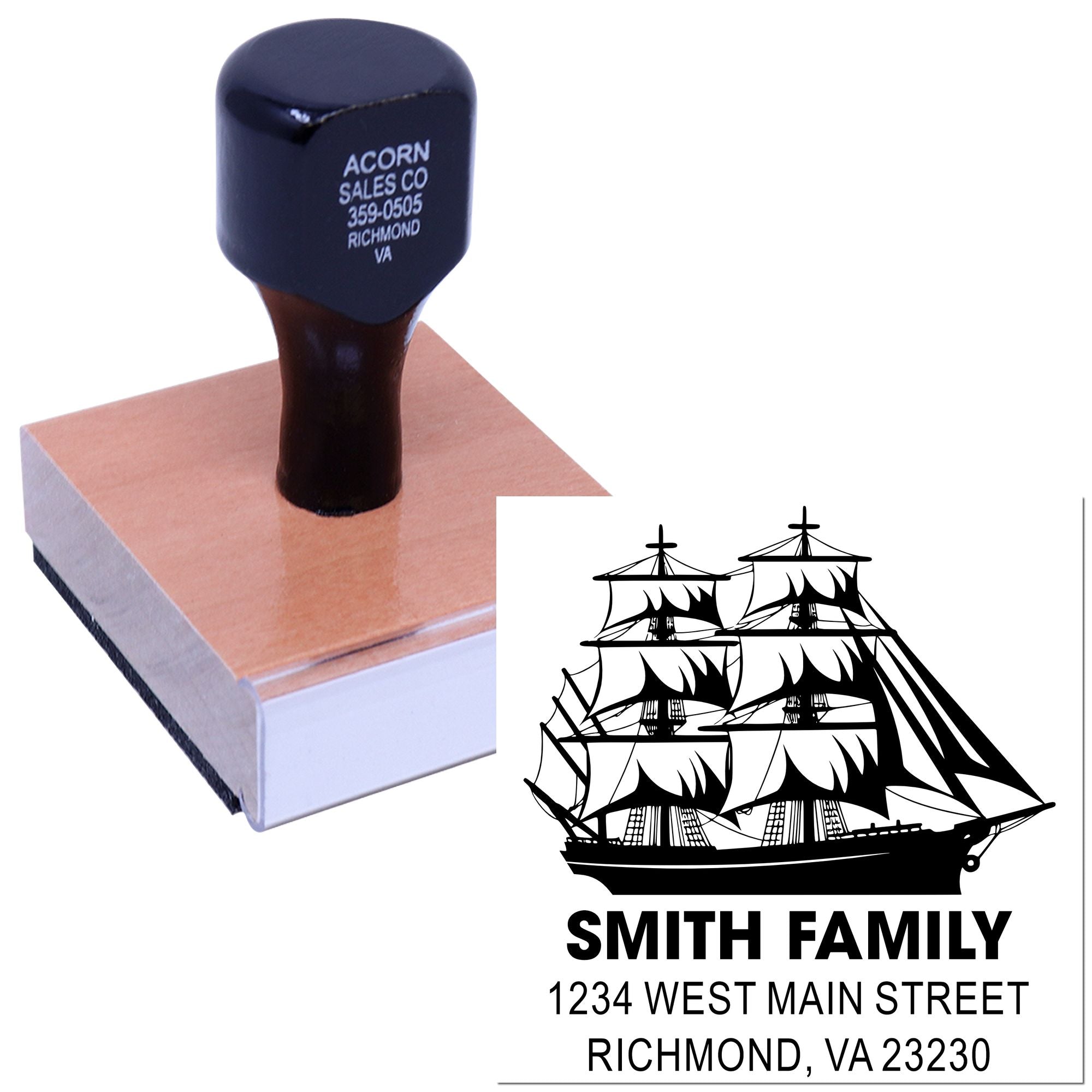 Personalized rubber address stamp with ship logo for Smith Family, showing 1234 West Main Street, Richmond, VA 23230.