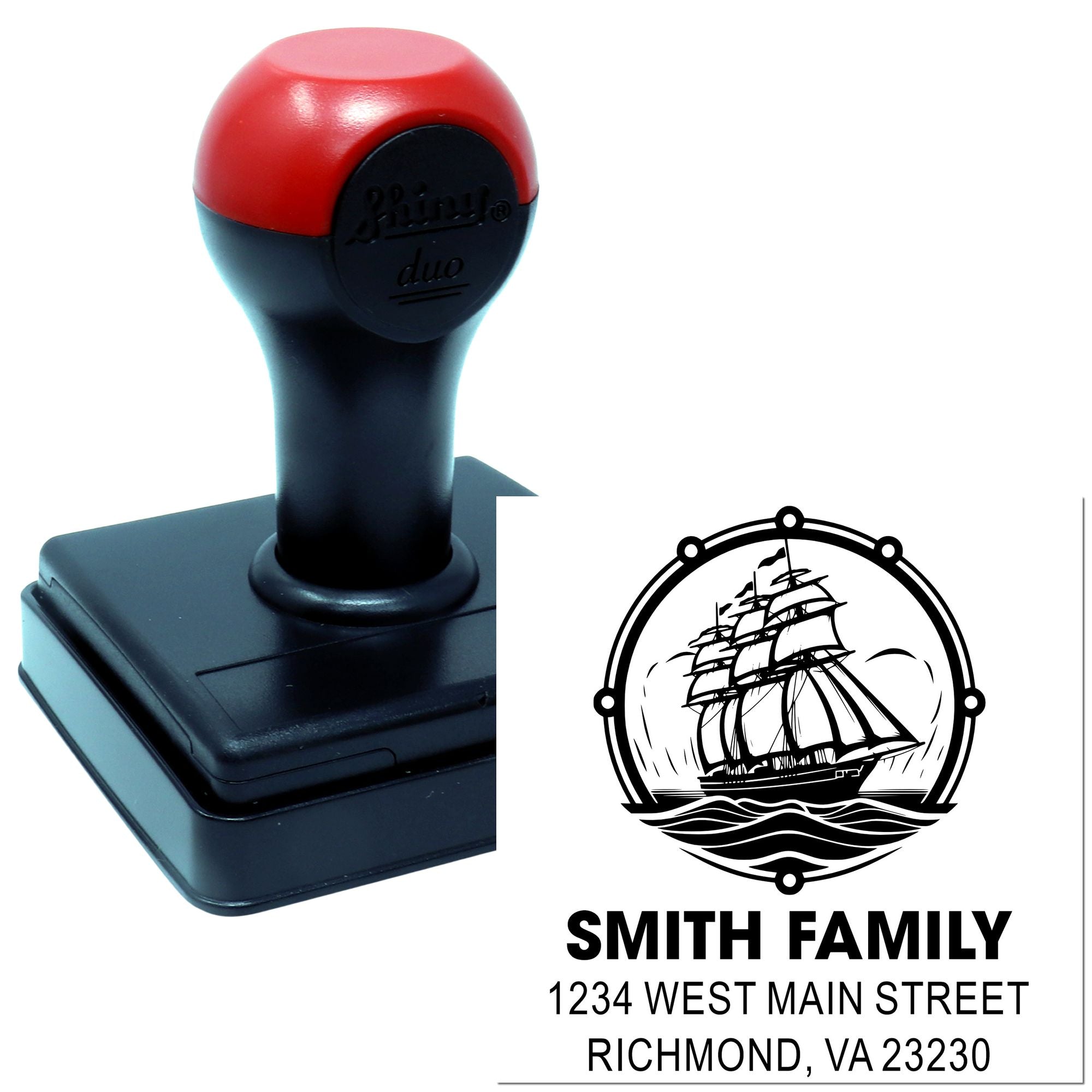 Custom self-inking rubber stamp with sailboat family return address design for personalized envelopes and mailing.