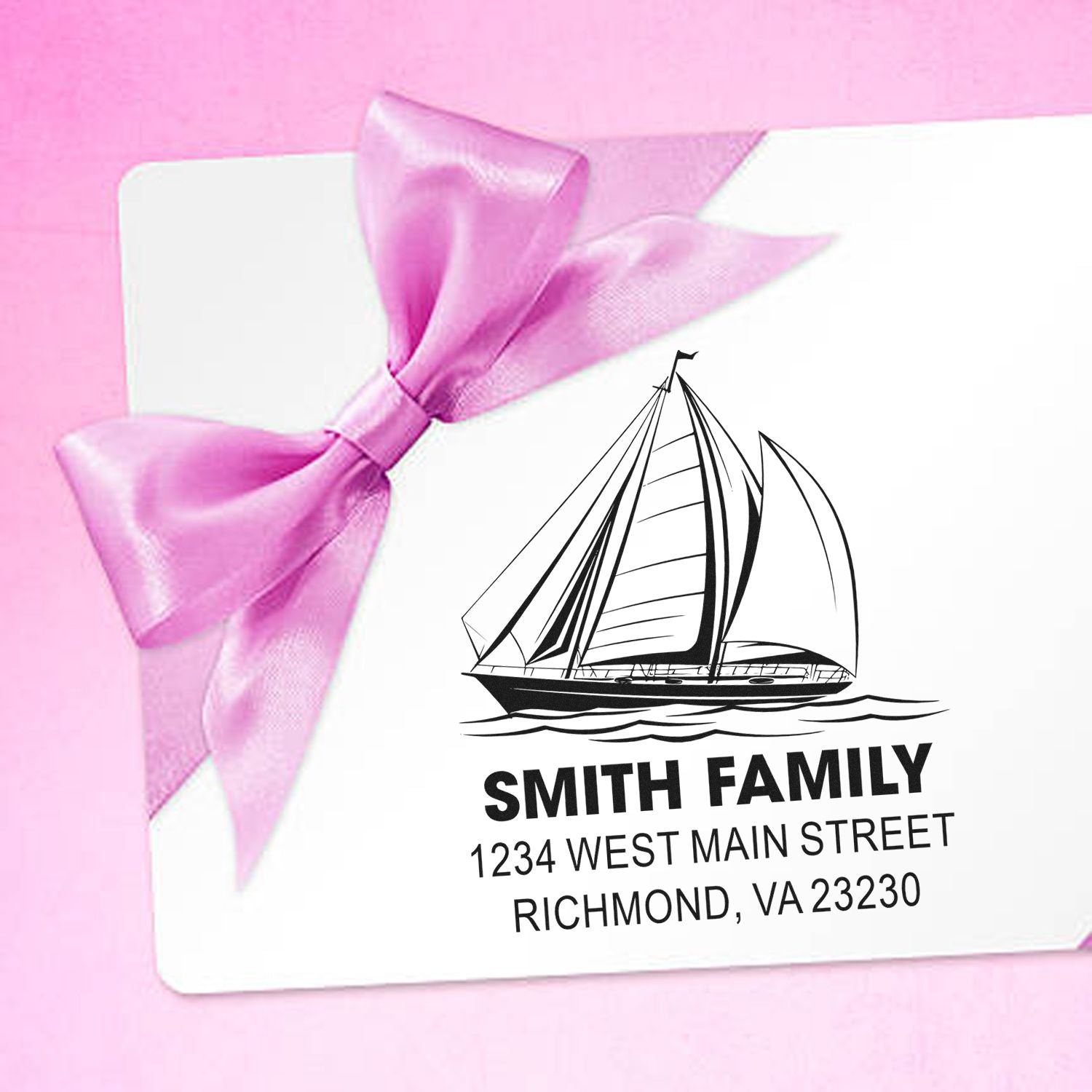 Custom sailboat family address stamp with Smith family name, ideal for personalized cards, gifts, and return addresses.