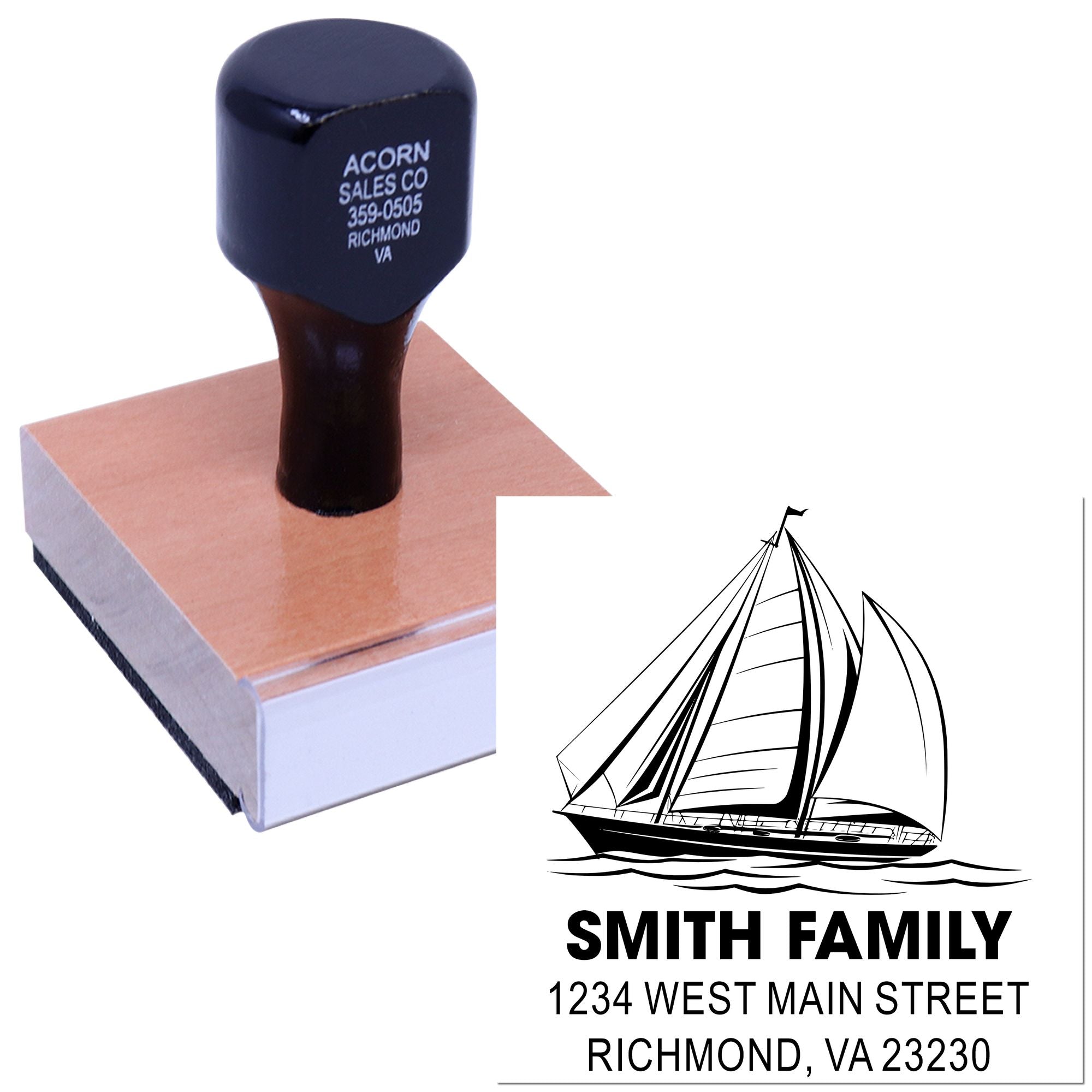 Personalized sailboat address rubber stamp with Smith Family return address, Richmond VA 23230