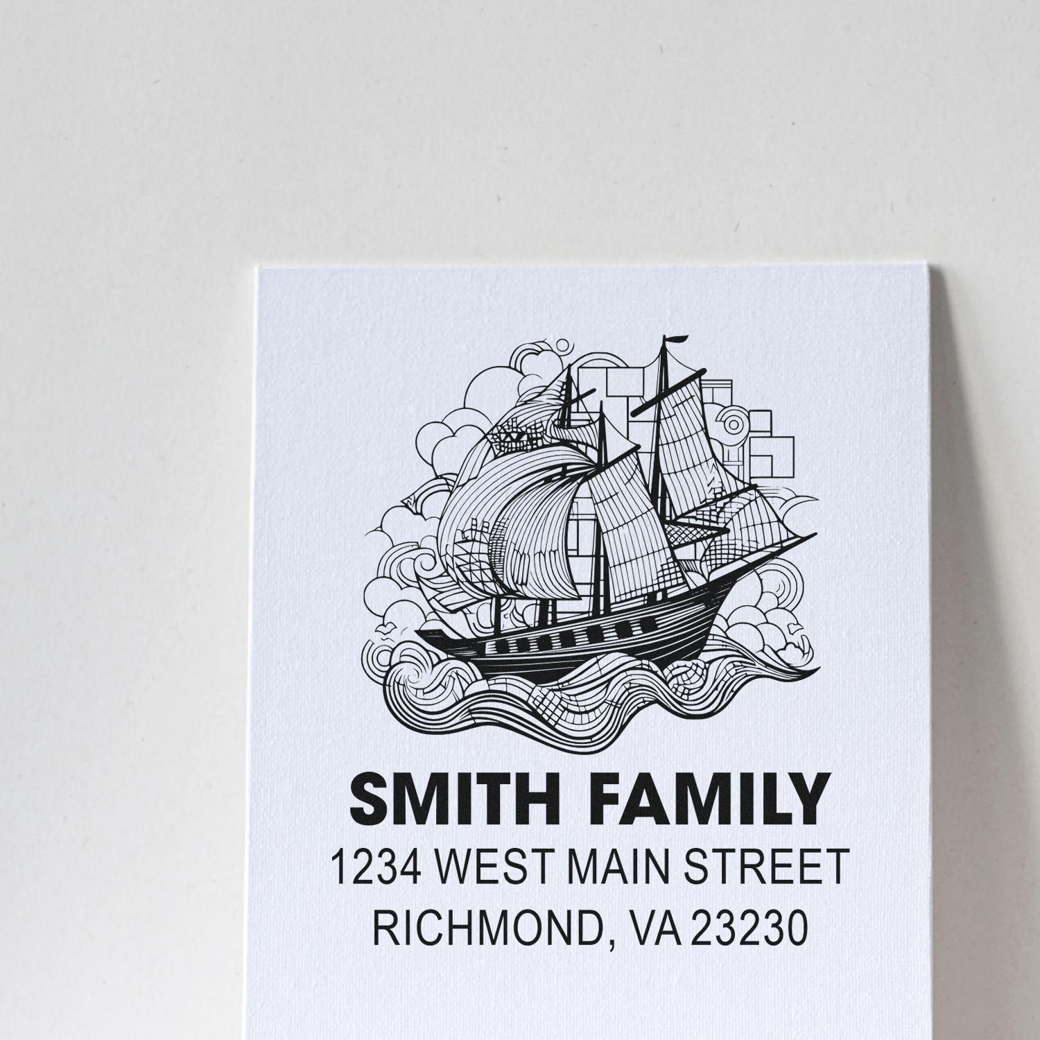 Custom family return address rubber stamp with sailing ship illustration and Smith family Richmond, VA address.