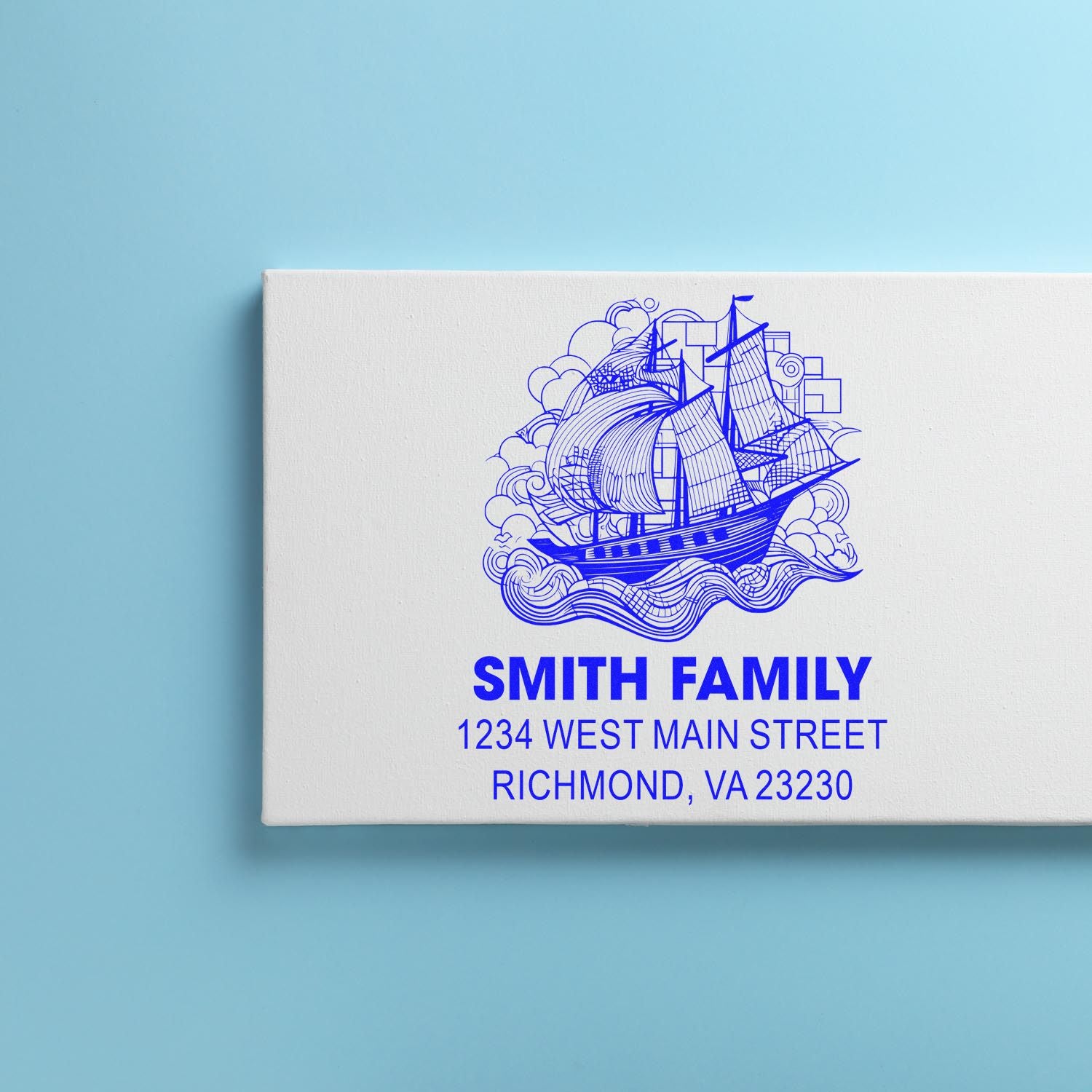 Personalized family address rubber stamp with sailing ship logo for return mail, Smith Family, Richmond VA.