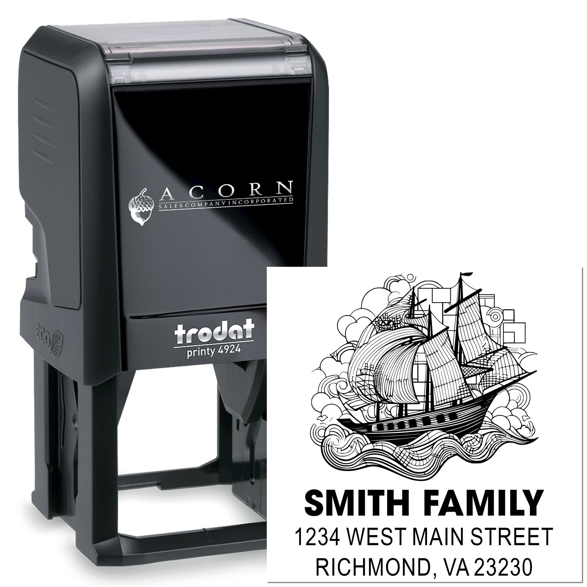 Custom Trodat self-inking address stamp with sailboat design for the Smith Family return address.