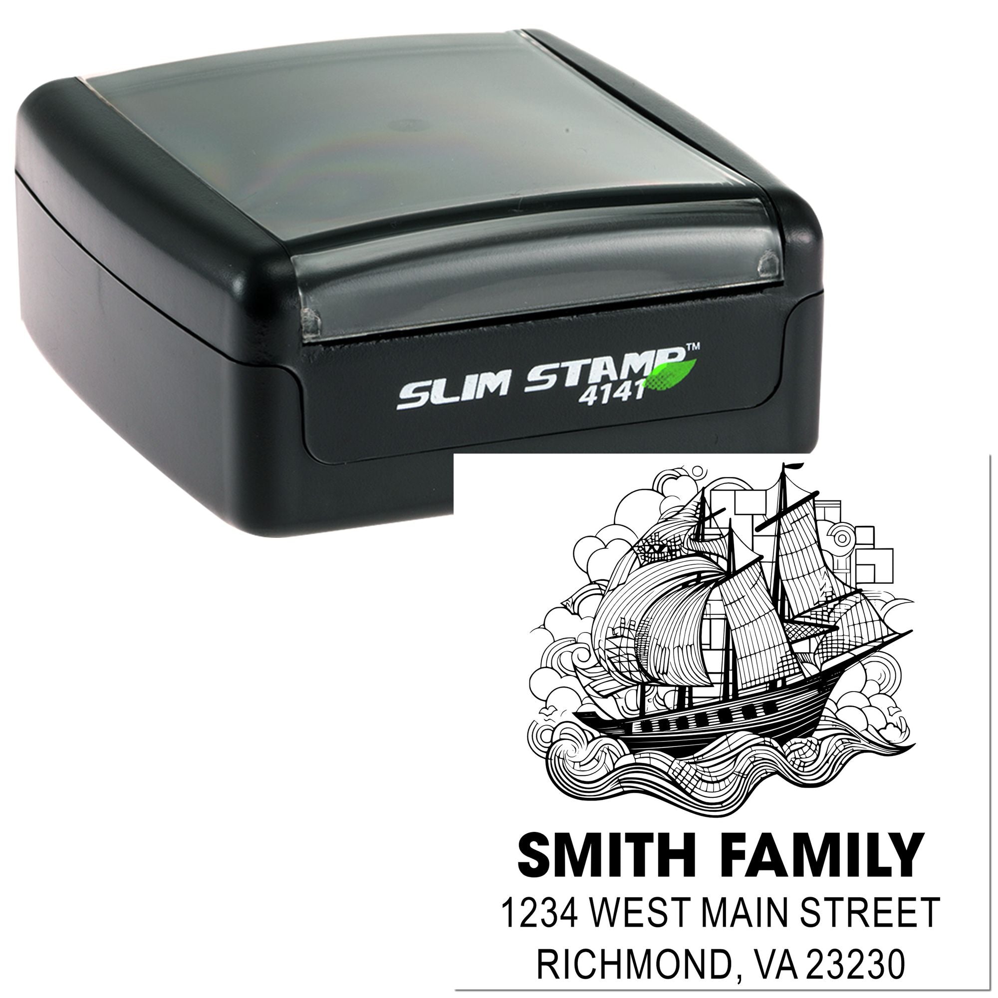 Custom self-inking rubber address stamp with sailboat design, Smith Family name, and Richmond VA return address imprint.