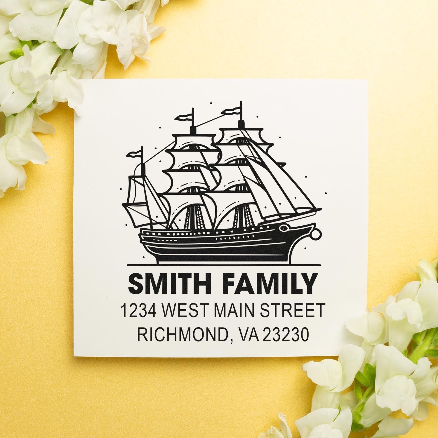 Custom nautical rubber stamp with sailing ship, Smith family name, and address for return address mailings.
