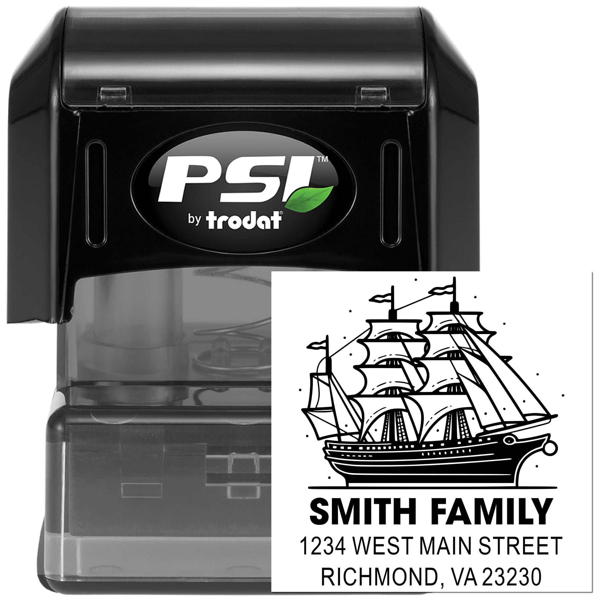 Self-inking rubber address stamp with ship design, Smith Family custom return address, PSI by Trodat.
