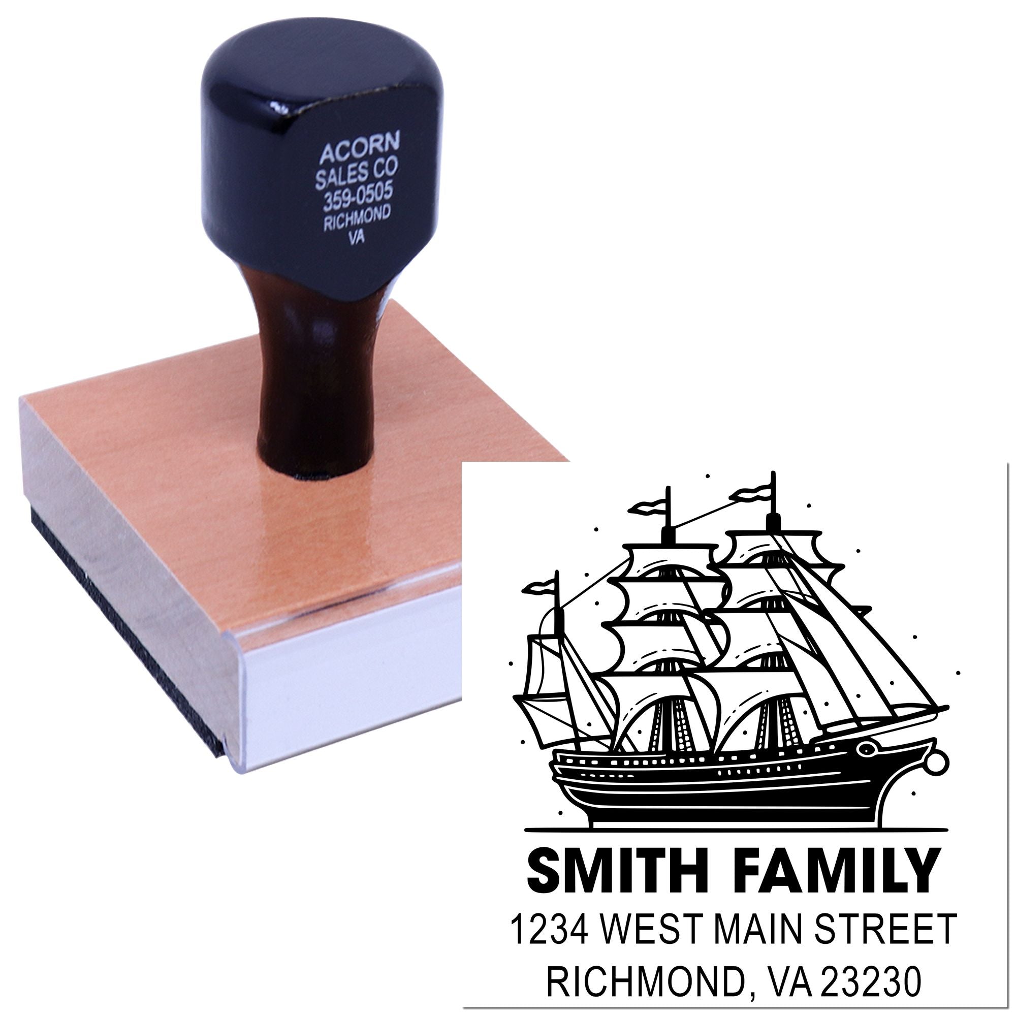 Custom return address rubber stamp with sailing ship logo and Smith family imprint for personalized mailing.