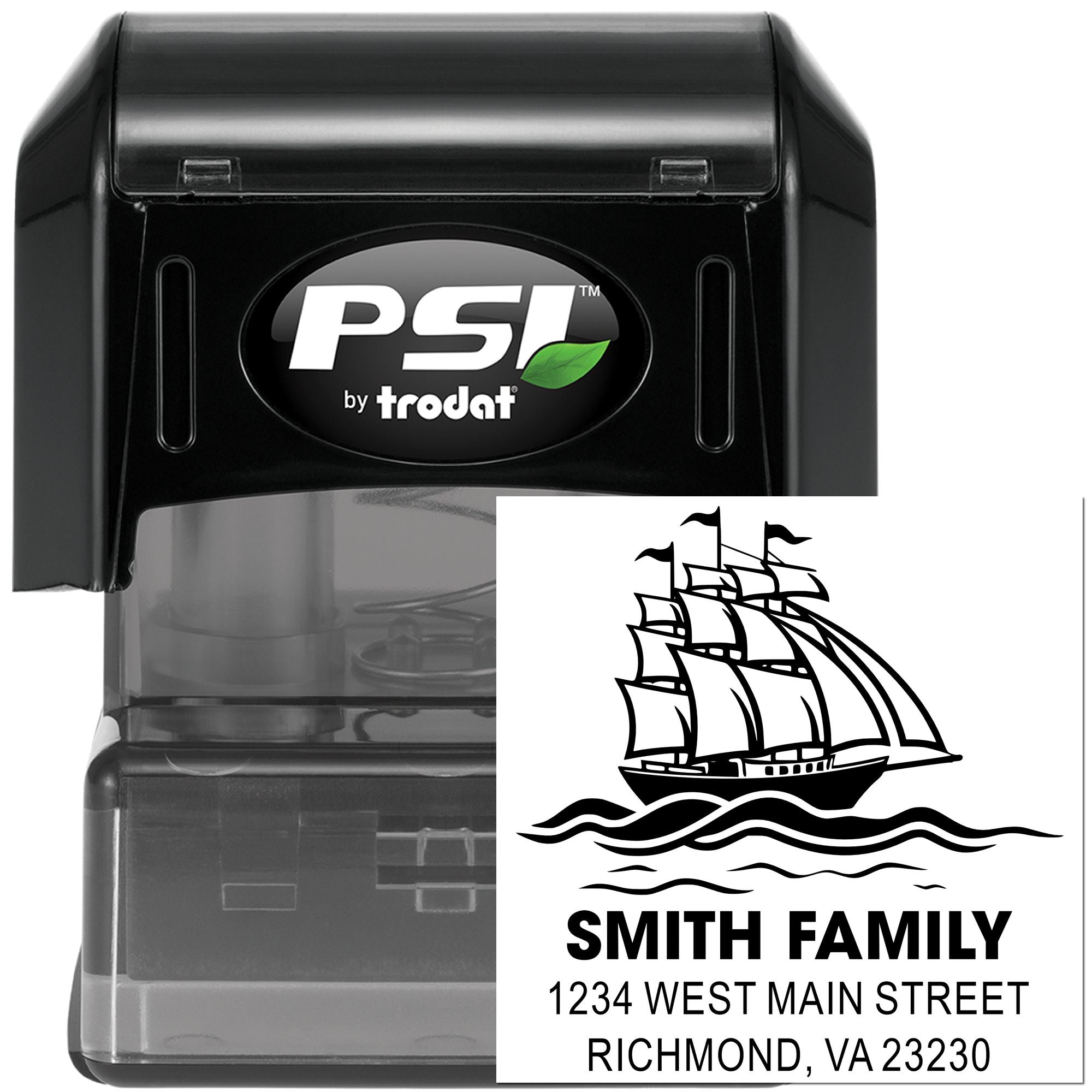 Custom self-inking rubber stamp with ship logo, Smith Family address, and PSI by Trodat personalized return address stamp.