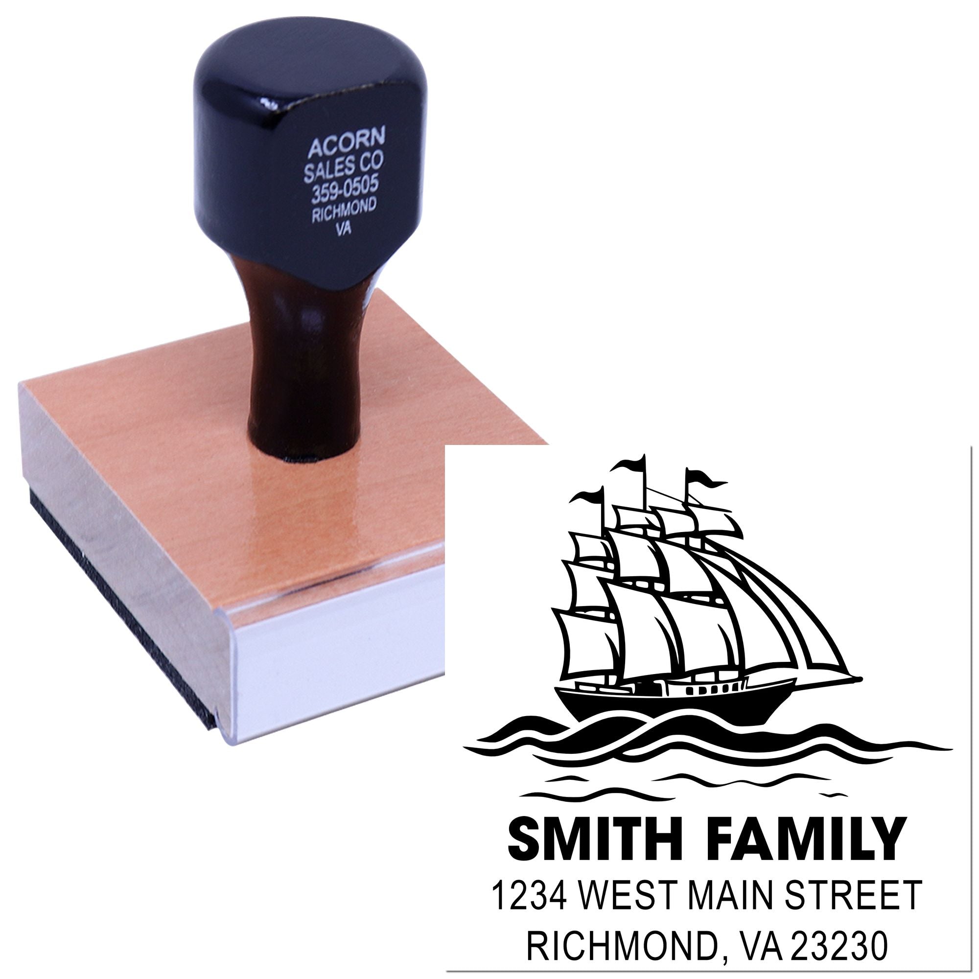 Custom return address rubber stamp with sailboat logo for Smith Family, Richmond, VA 23230