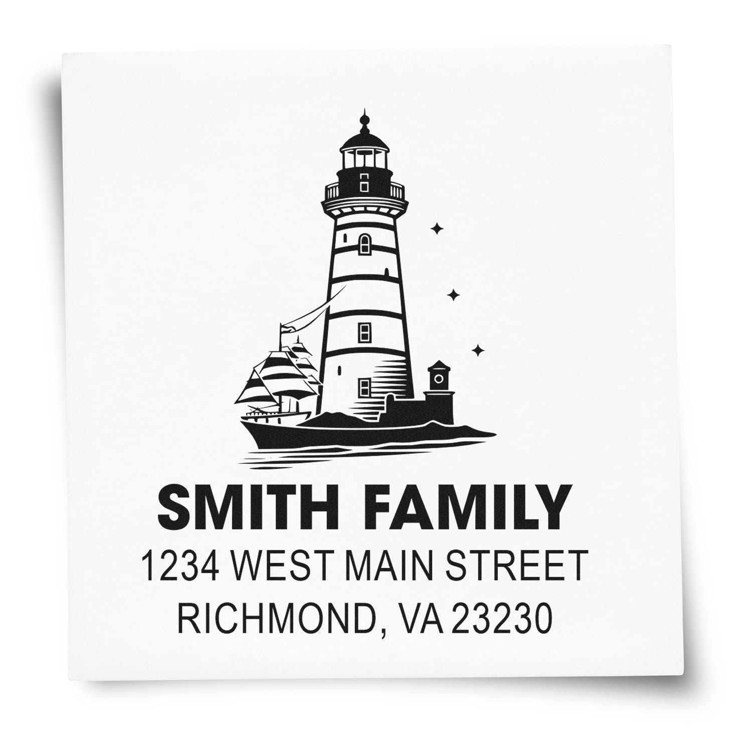 Custom lighthouse return address rubber stamp with Smith Family name and Richmond, VA 23230 personalized mailing design.