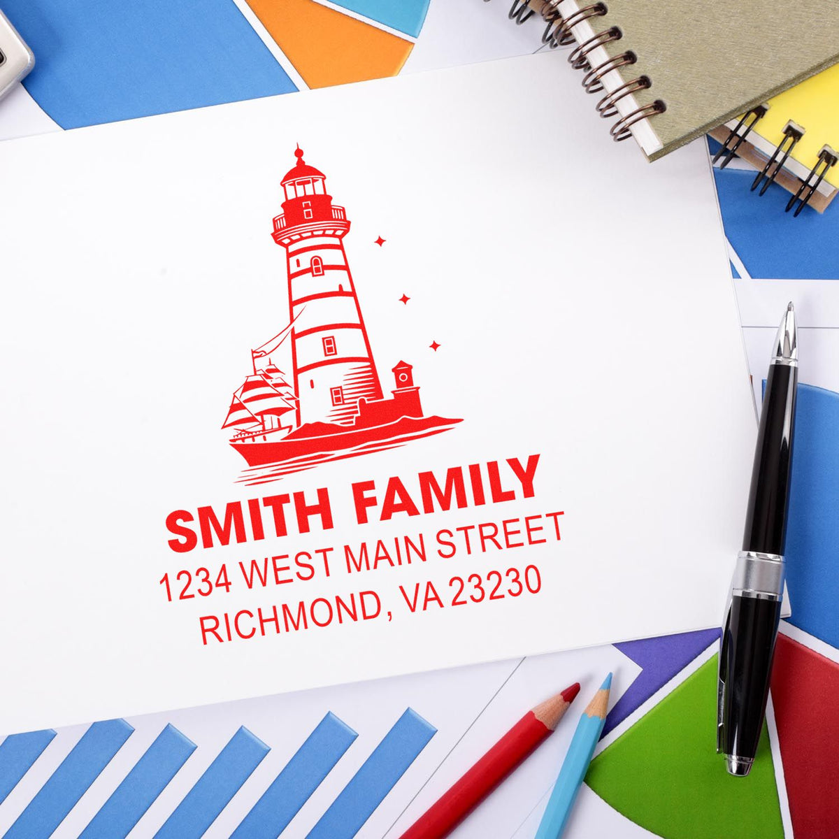 Custom rubber address stamp with lighthouse design, Smith family name, and Richmond, VA return address.