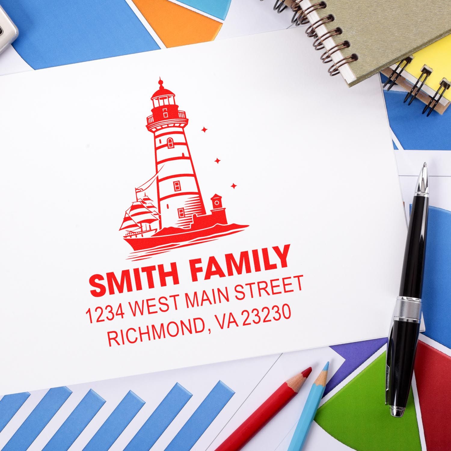 Custom lighthouse family address rubber stamp with Smith family name and Richmond, VA return address