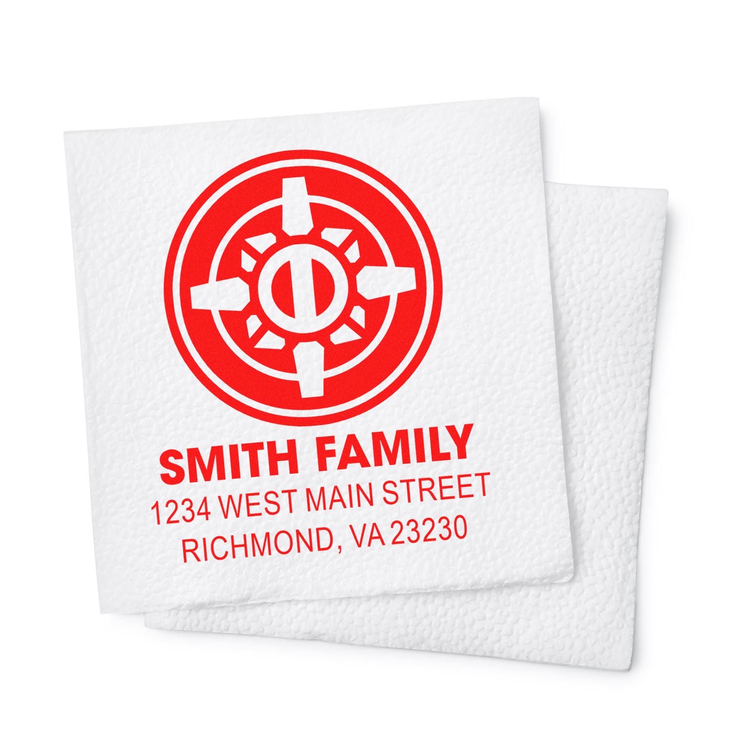 Custom family address rubber stamp for mailings, featuring Smith Family and Richmond, VA return address.
