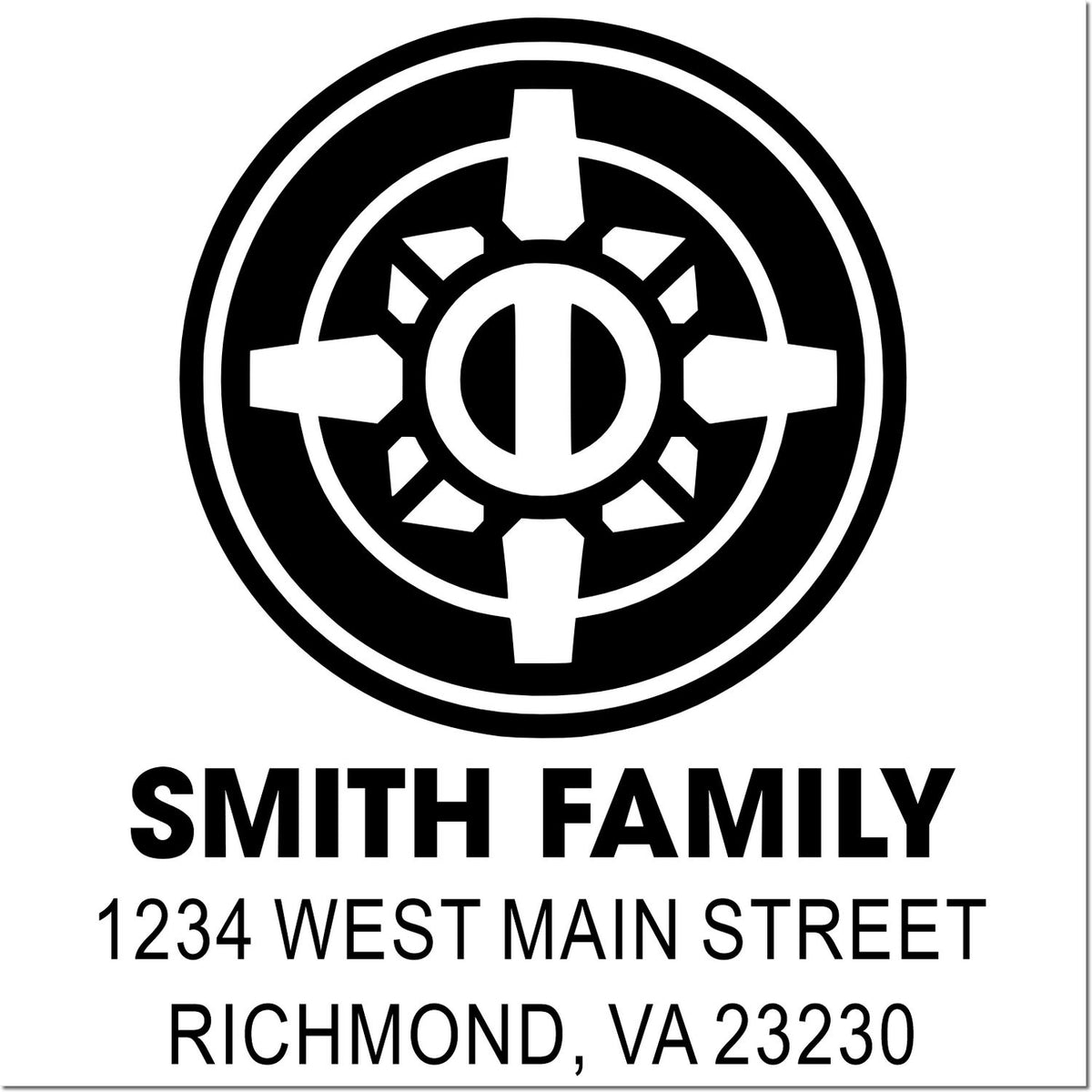 Custom Smith Family return address rubber stamp with circular emblem and Richmond, VA 23230 mailing address.