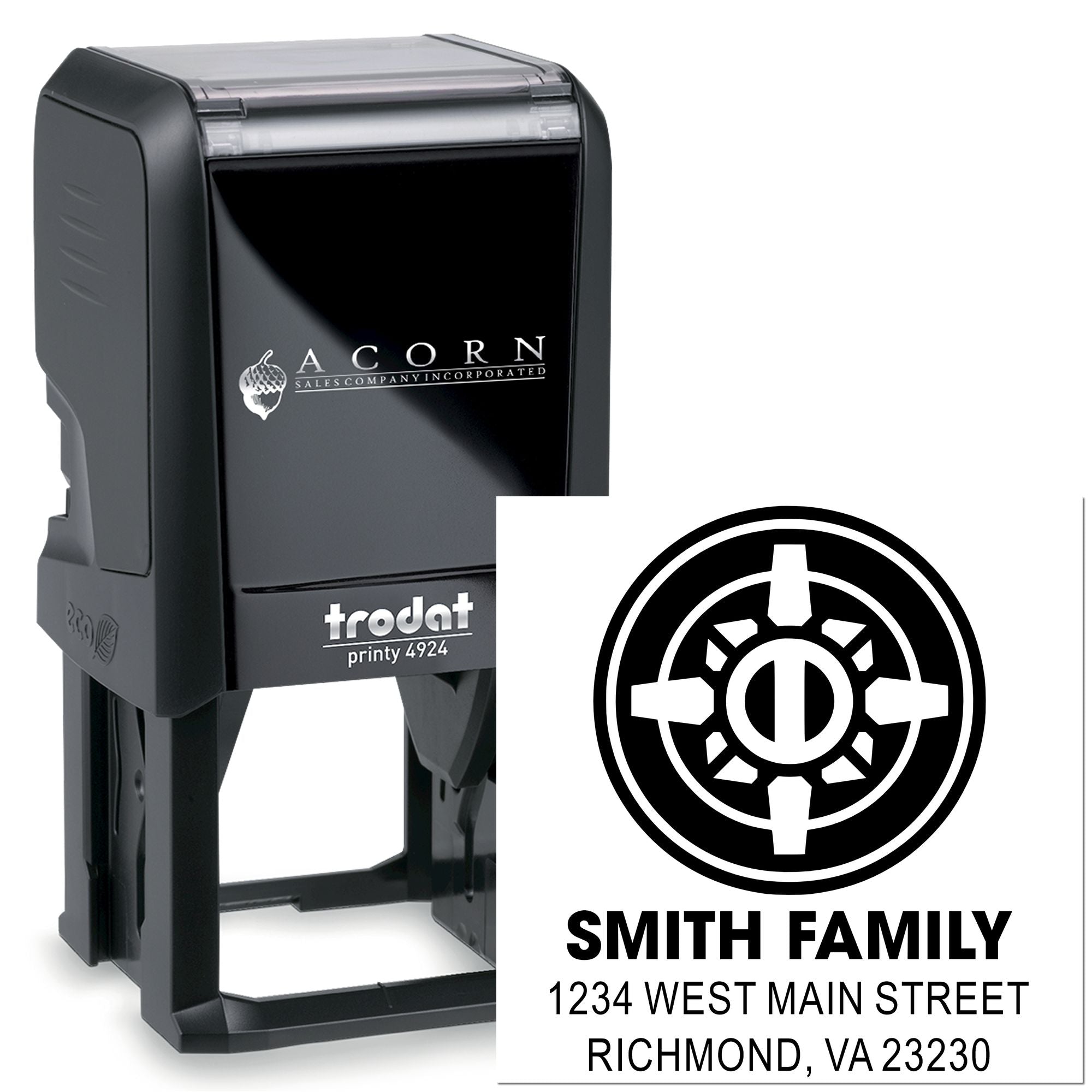 Custom self-inking rubber stamp with Smith Family address, ideal for personalized return address and mailing use.
