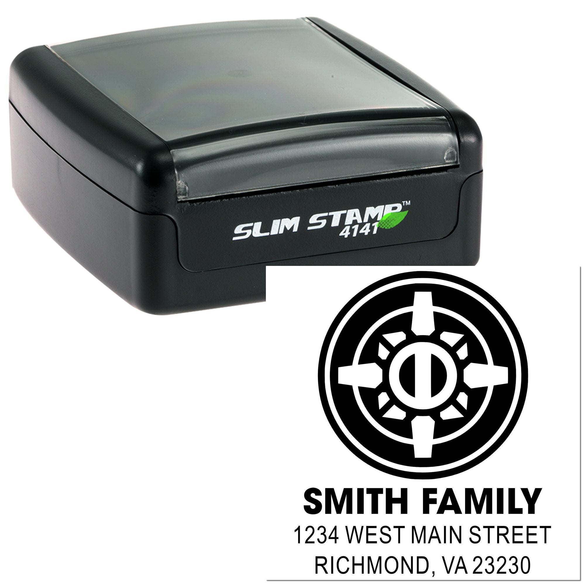 Custom slim self-inking address stamp with monogram, Smith Family name, and Richmond, VA return address.