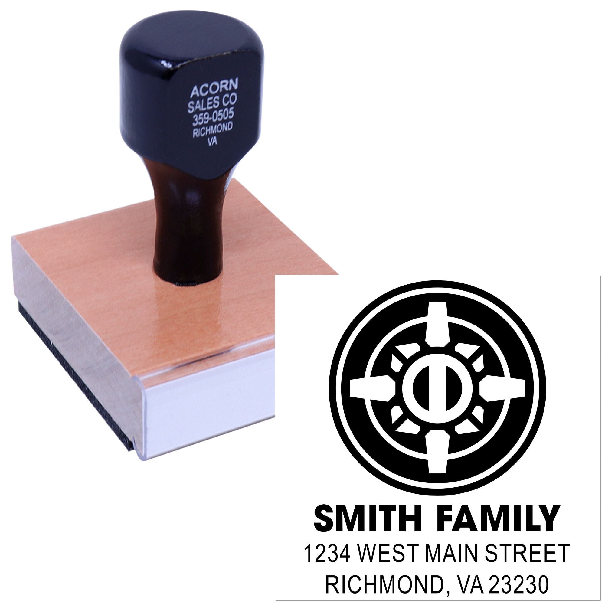 Custom self-inking rubber stamp with Smith Family address and logo for envelopes and mail