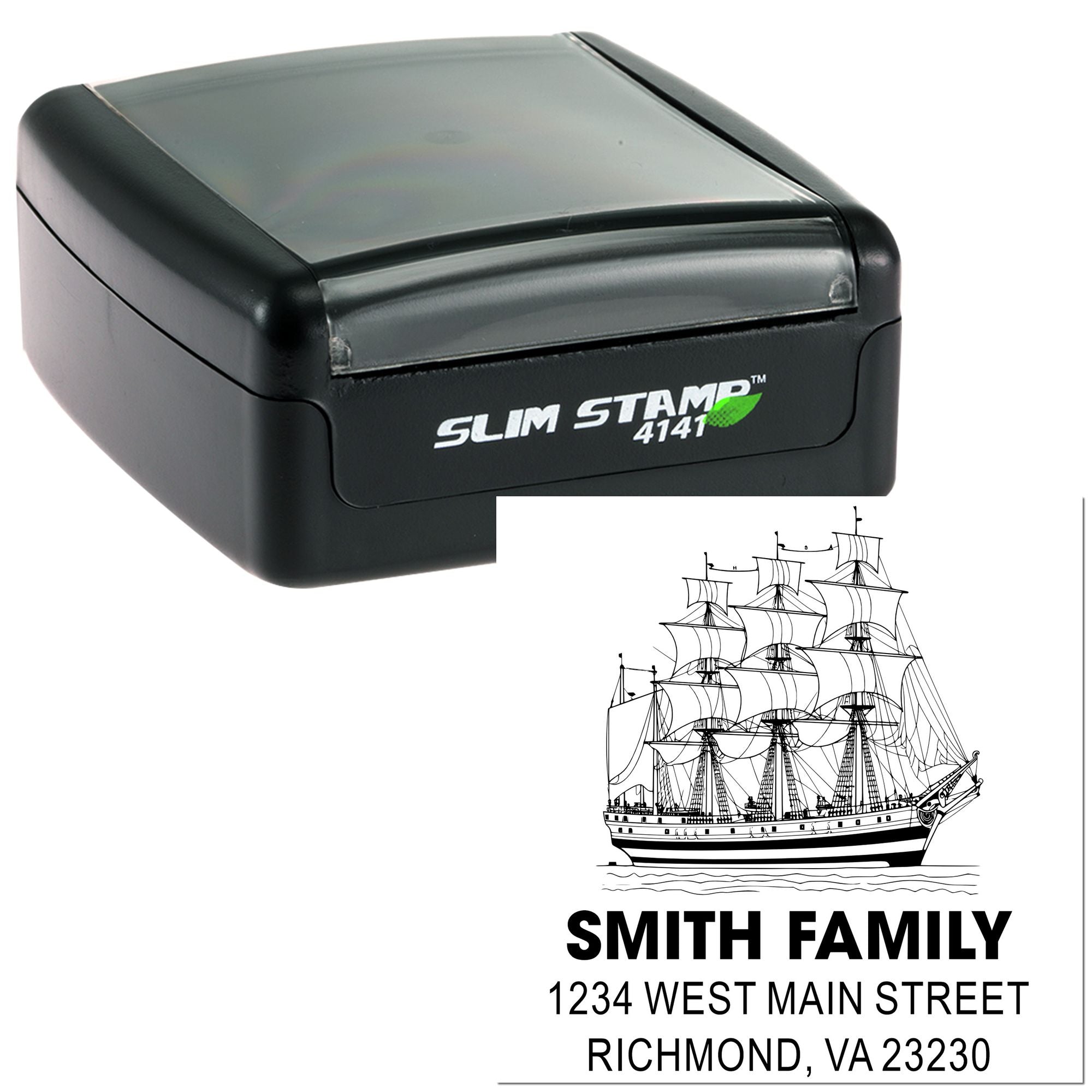 Self-inking rubber stamp featuring ship artwork, Smith Family name, and return address for custom mailing use.