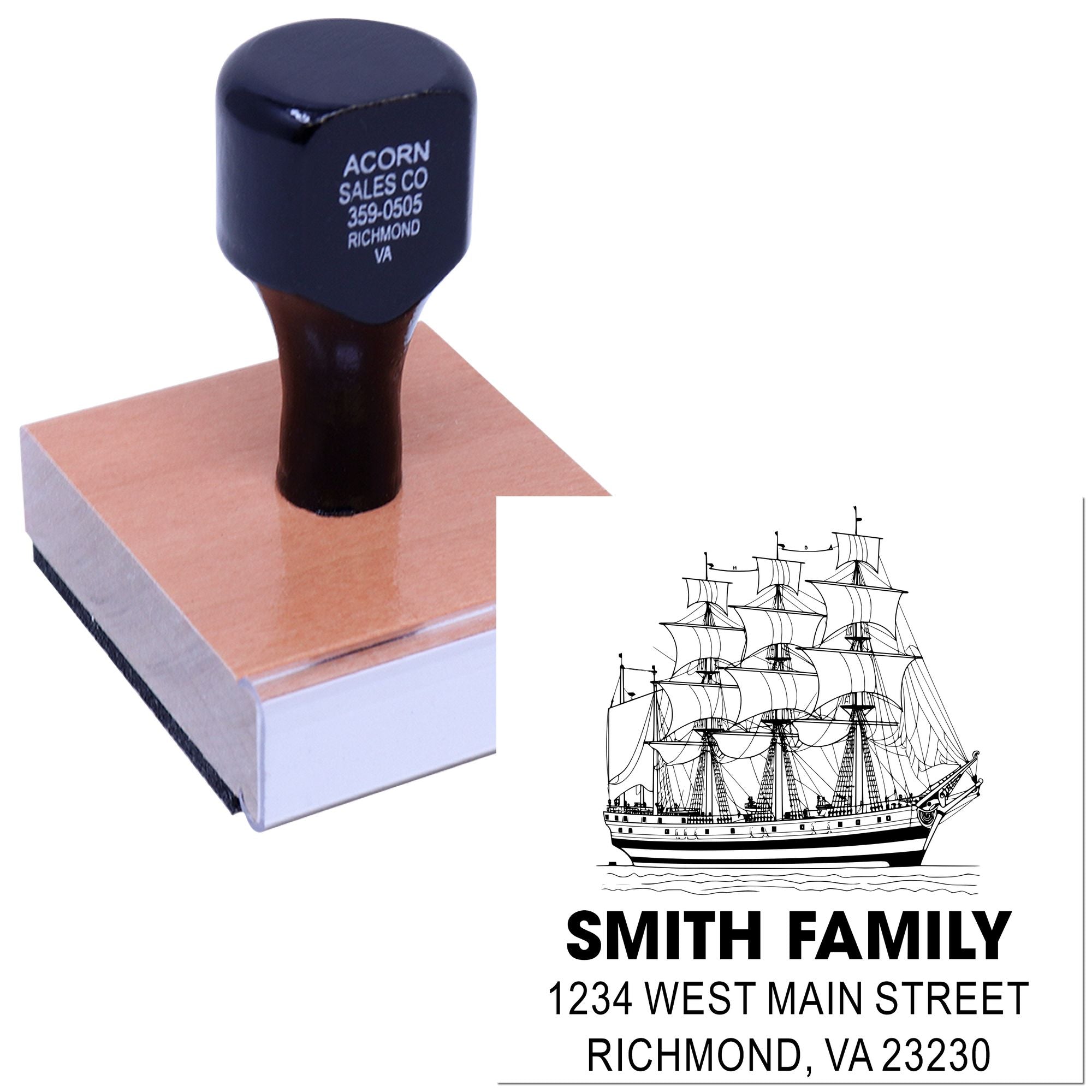 Custom rubber stamp with ship logo and Smith Family return address for personalized address labeling and mailing.