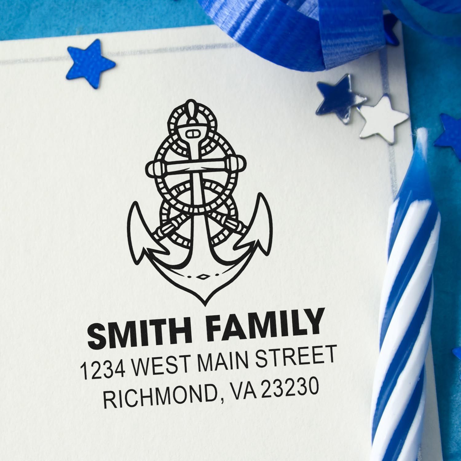 Custom nautical return address rubber stamp with anchor design for Smith Family, West Main Street, Richmond, VA.