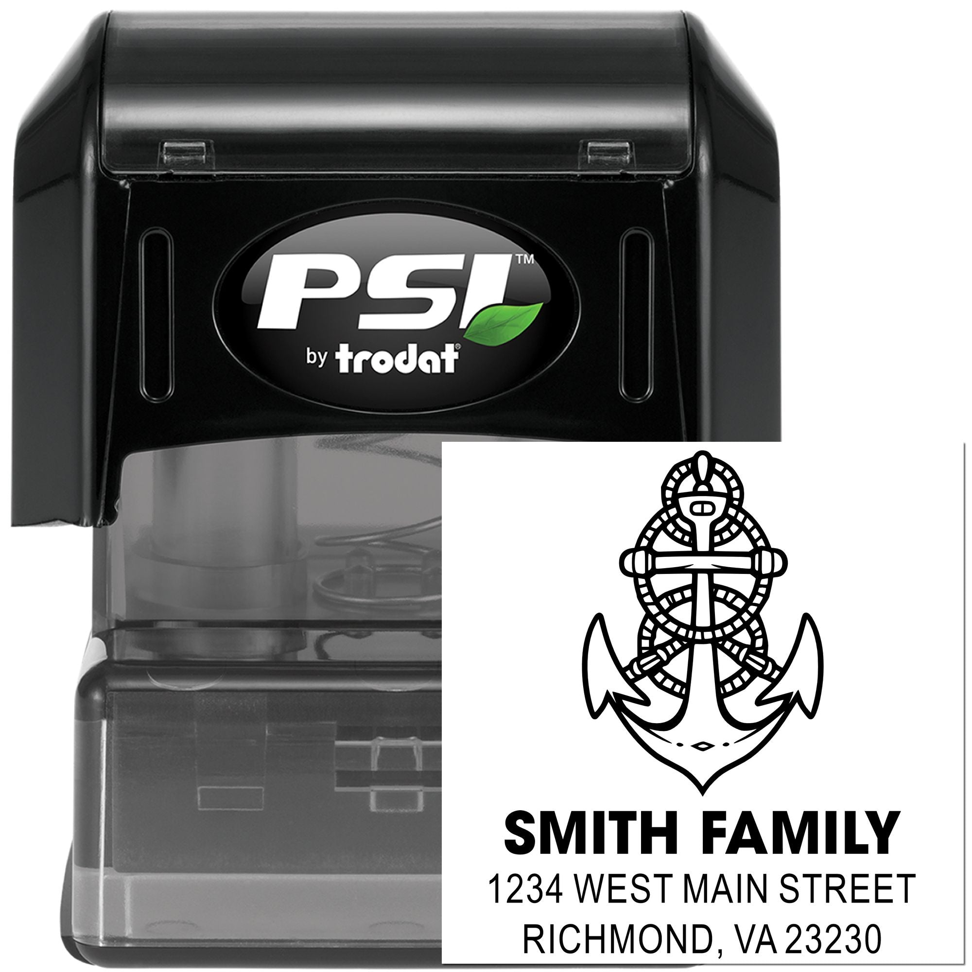 Custom self-inking rubber stamp by PSI Trodat featuring a Smith Family anchor return address design for mailing.