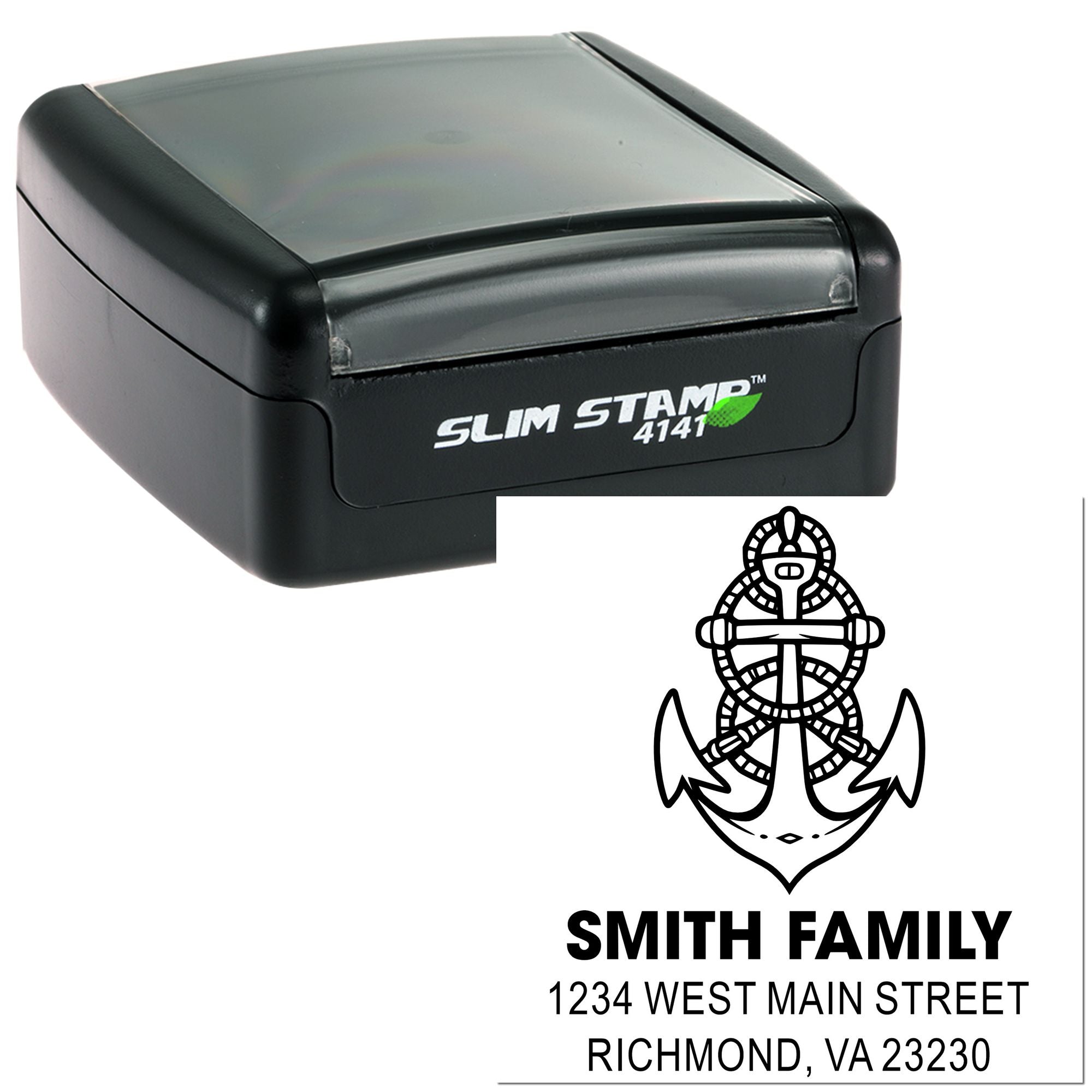 Custom self-inking rubber stamp with nautical anchor design, family name, and return address for envelopes and mail.