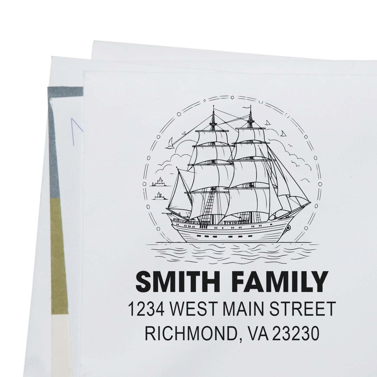 Personalized family address rubber stamp with sailing ship design and Smith Family Richmond, VA return address.